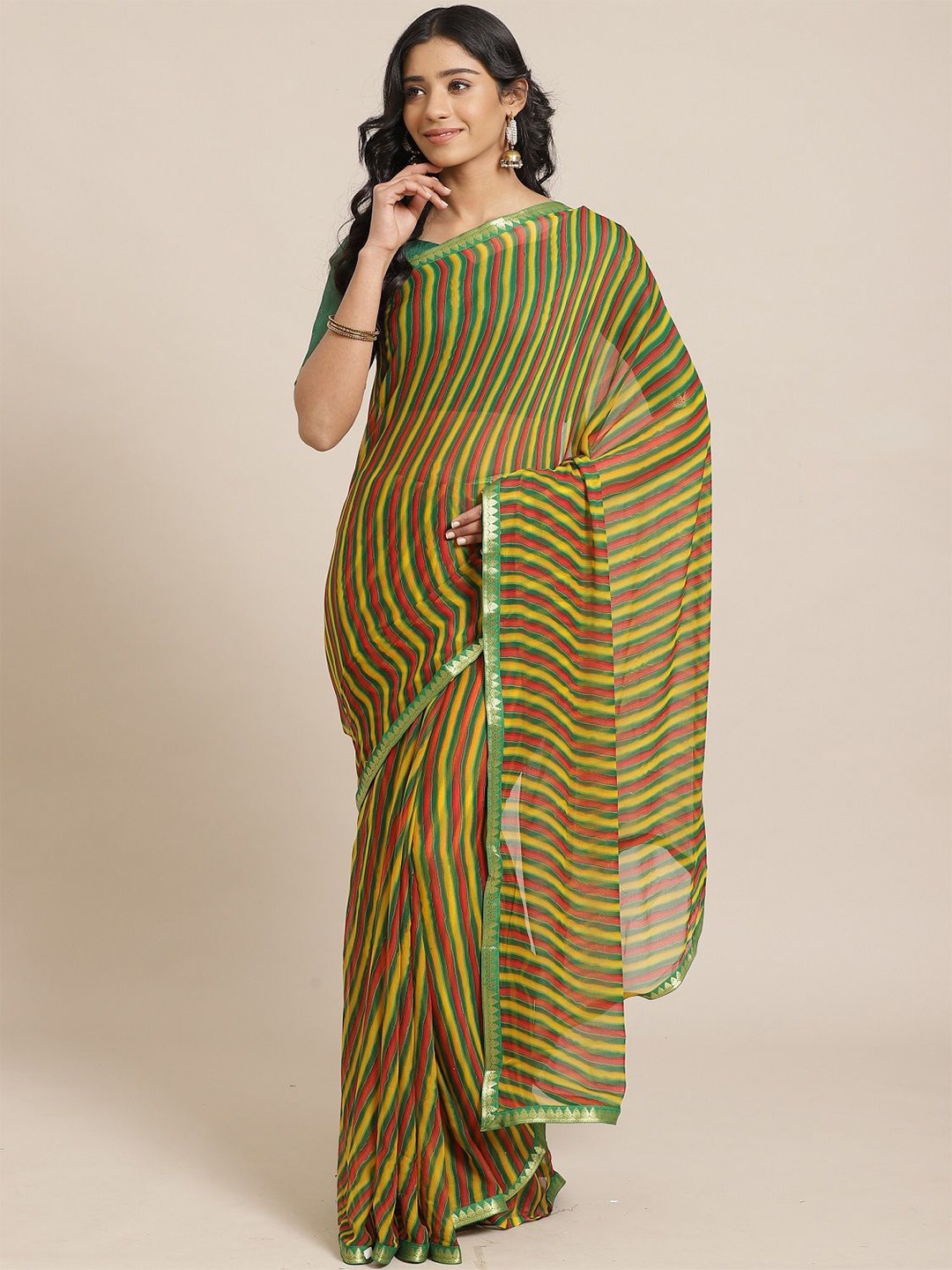 

KALINI Zari Woven Leheriya Saree, Green