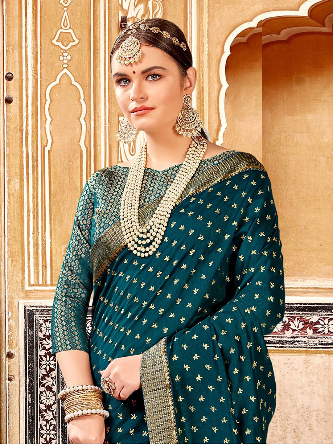 

KALINI Ethnic Motif Zari Woven Chanderi Saree, Teal