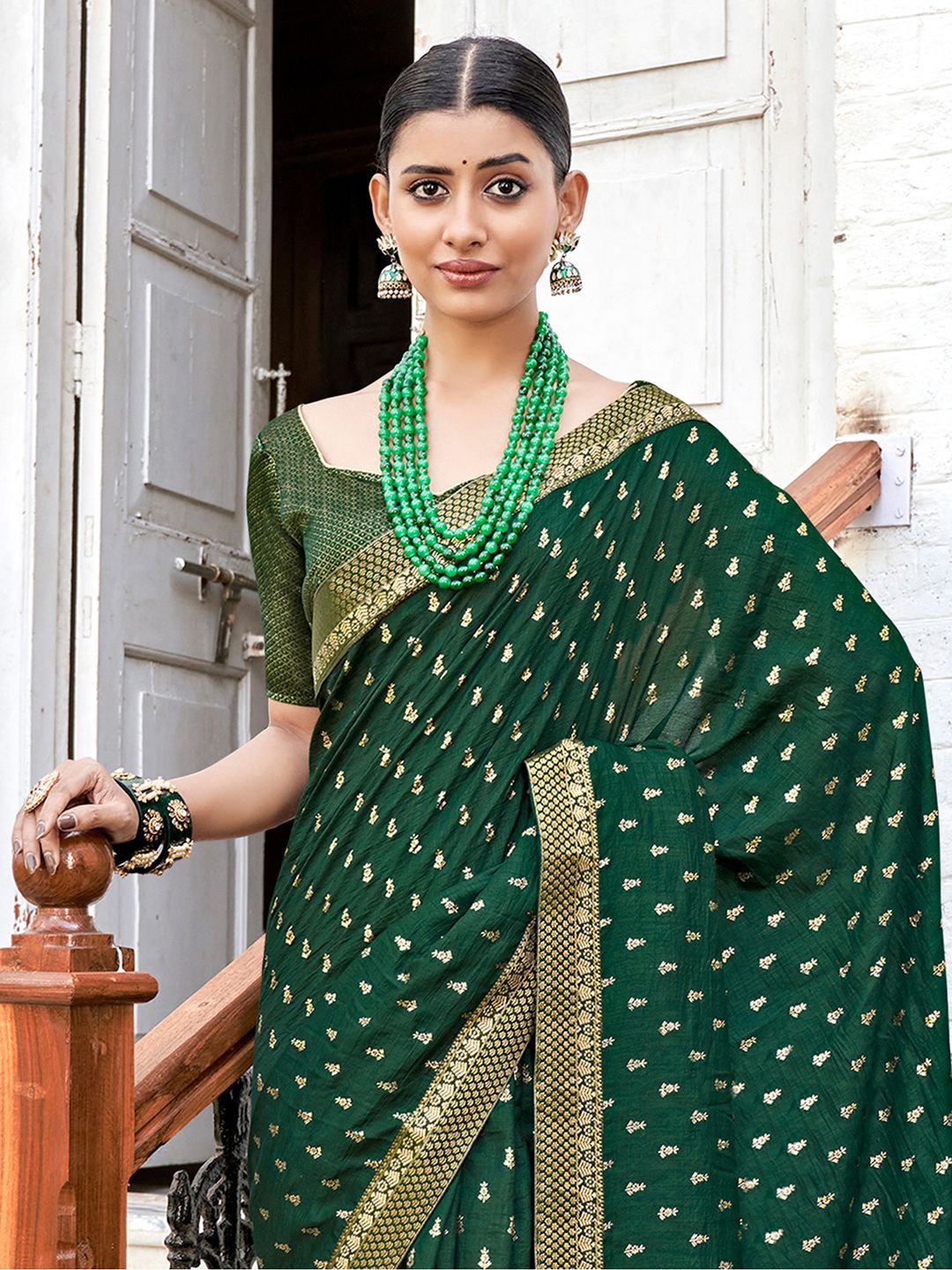 

KALINI Ethnic Motif Zari Woven Chanderi Saree, Green