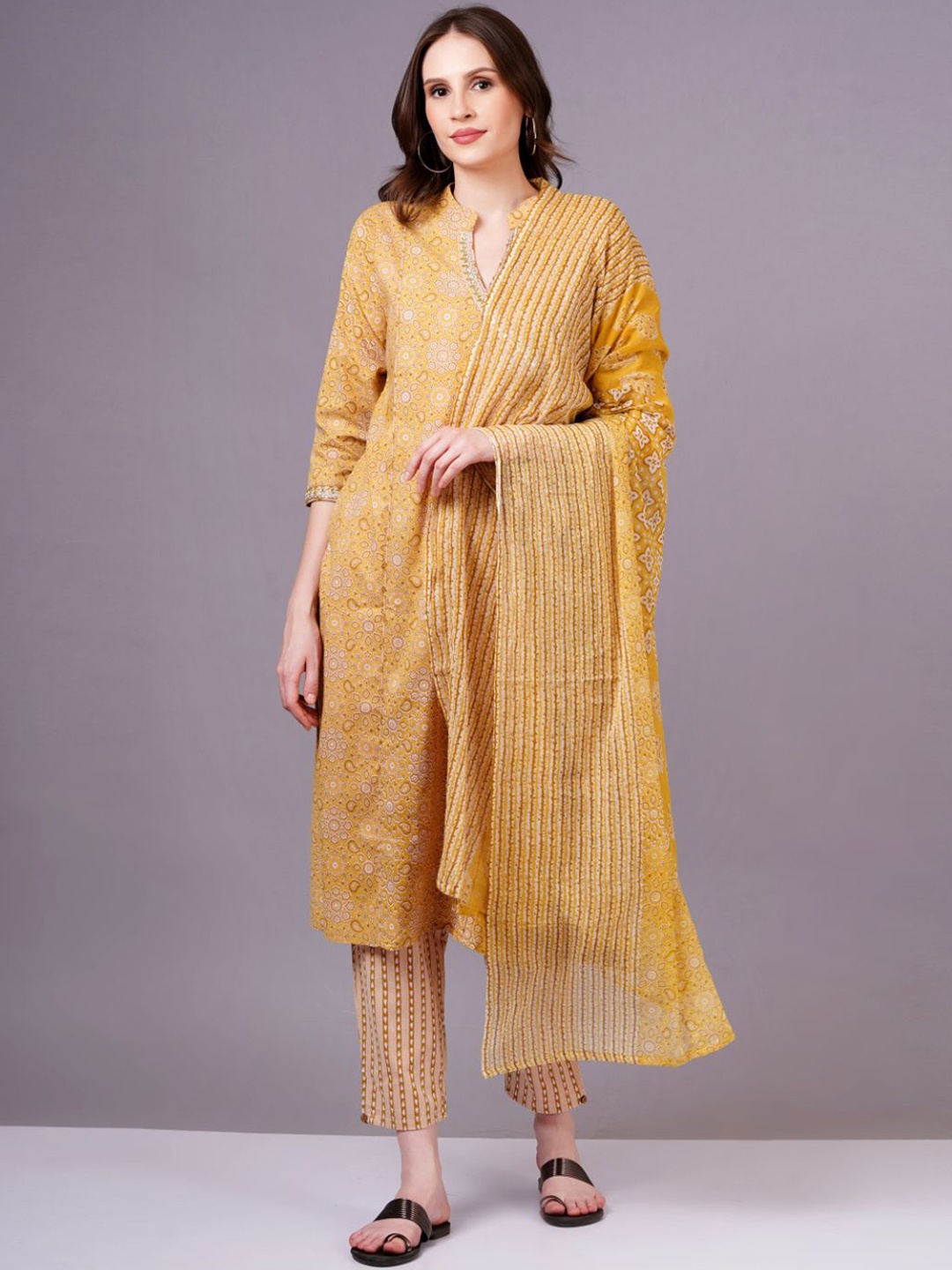 

KALINI Floral Printed Mandarin Collar Pure Cotton Straight Kurta with Trousers & Dupatta, Yellow