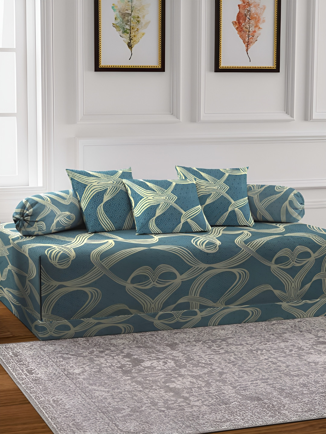 

KLOTTHE 6 Pcs Turquoise Blue & Yellow Printed Diwan Set