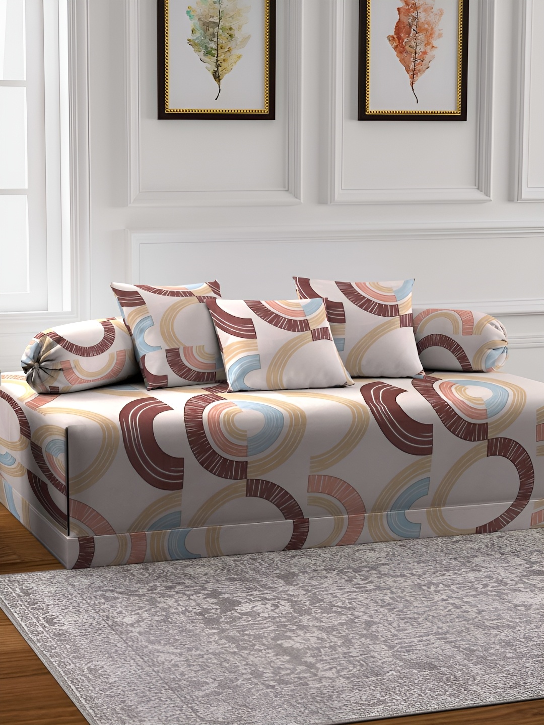

KLOTTHE 6 Pcs Beige and brown Printed Diwan Set