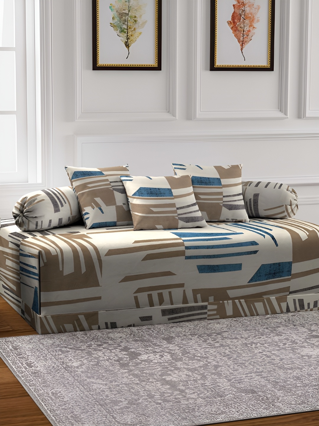 KLOTTHE Grey & Blue 6 Pieces Striped Diwan Set