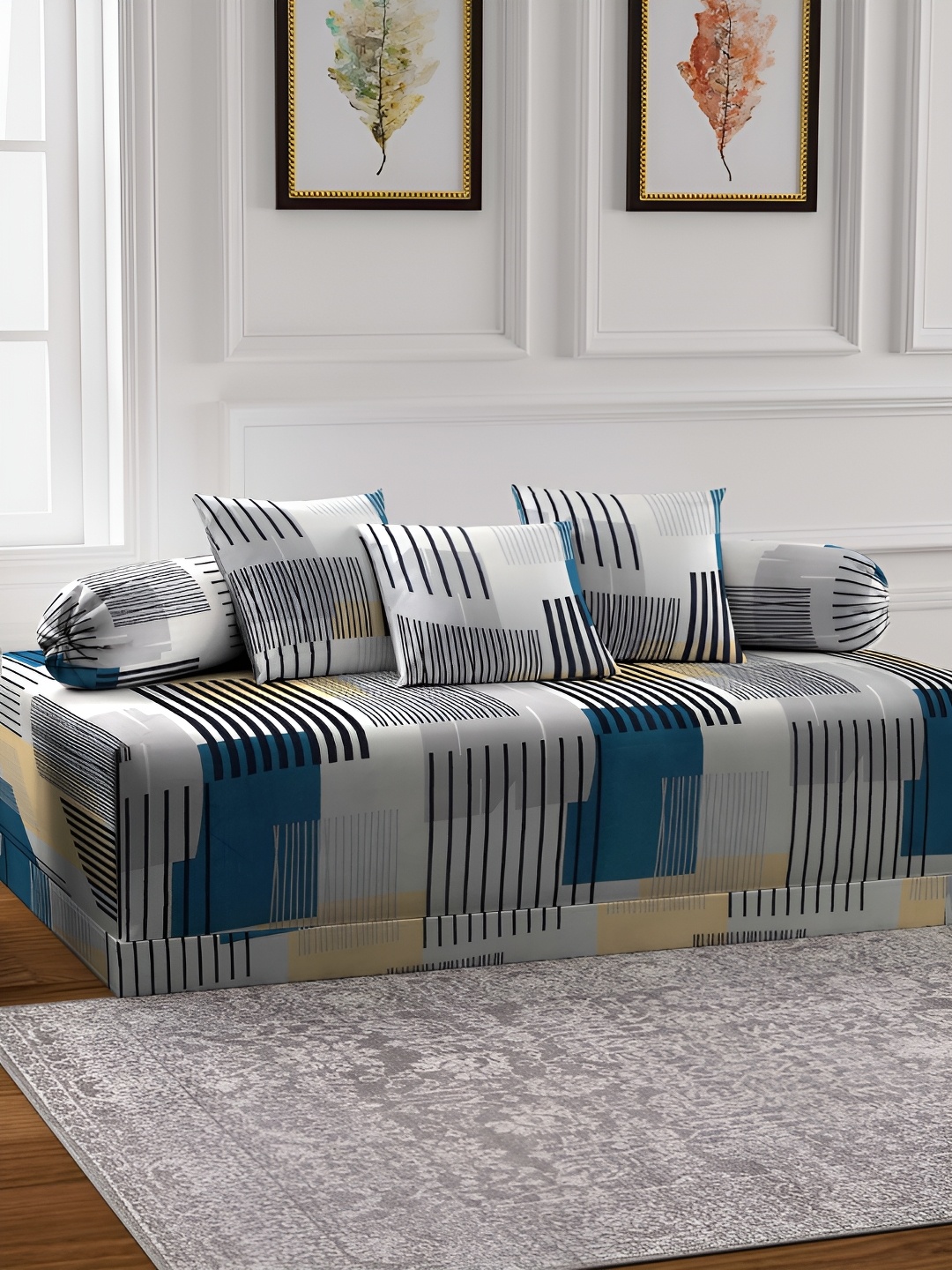

KLOTTHE Blue & Black 6 Pieces Striped Diwan Set