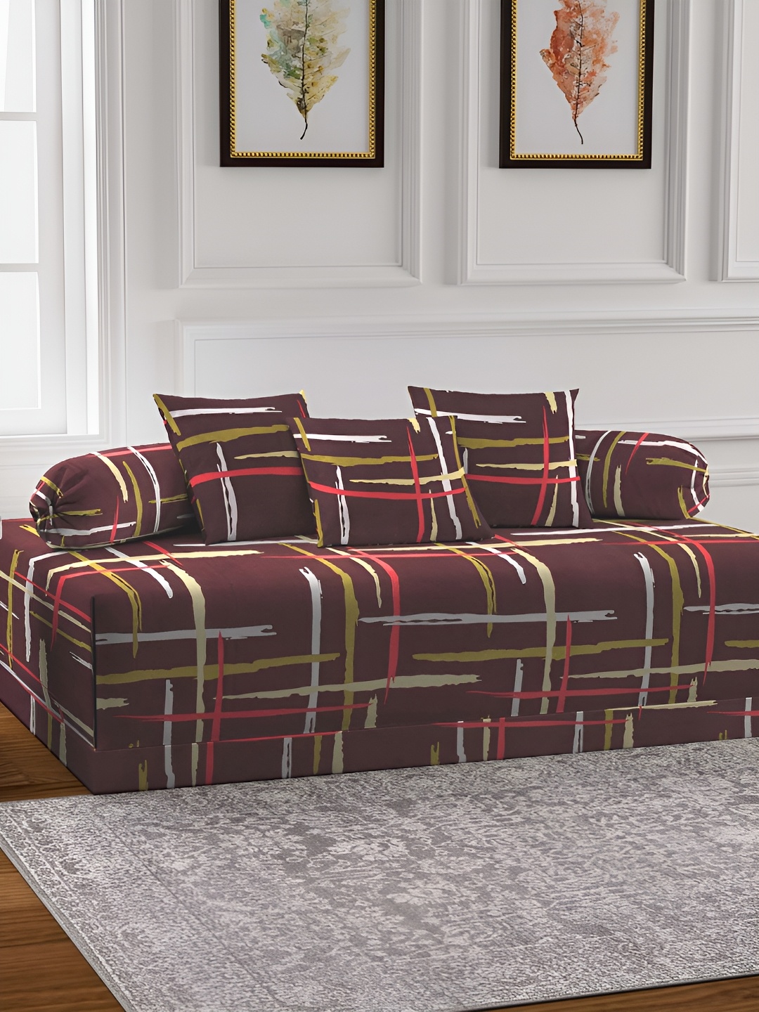 

KLOTTHE Brown & Red 6 Pieces Striped Diwan Set