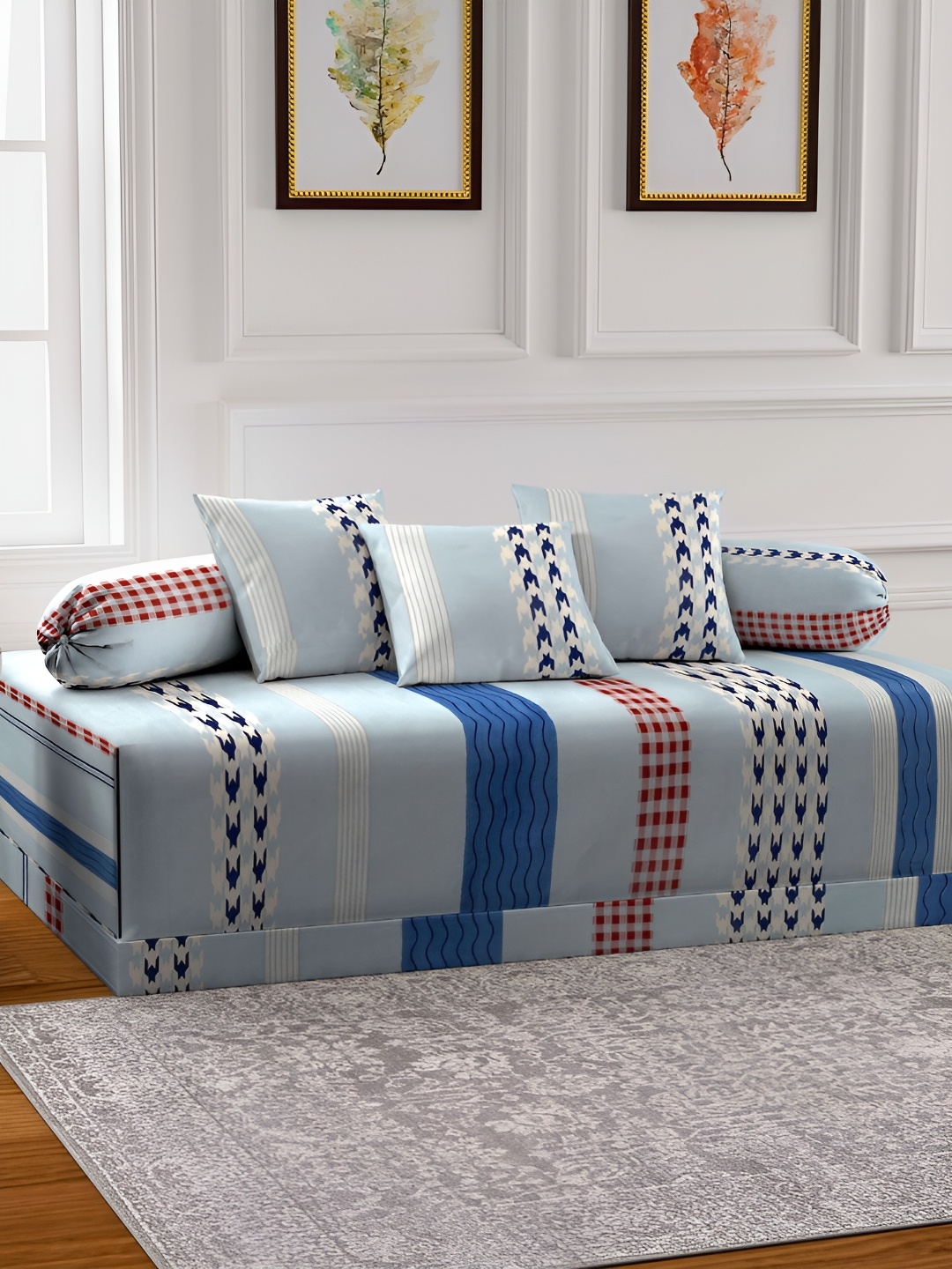 

KLOTTHE Blue & Brown 6 Pieces Printed Diwan Set