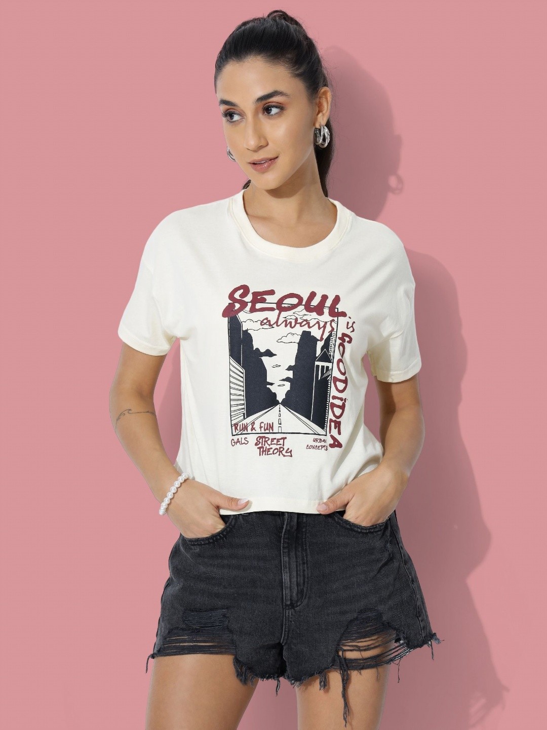 

DressBerry Women Graphic Printed Round Neck Cotton T-Shirt, White