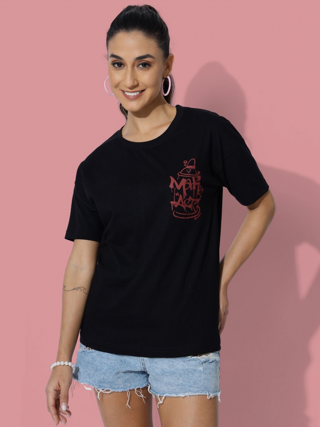 

DressBerry Women Graphic Printed Round Neck Cotton T-Shirt, Black