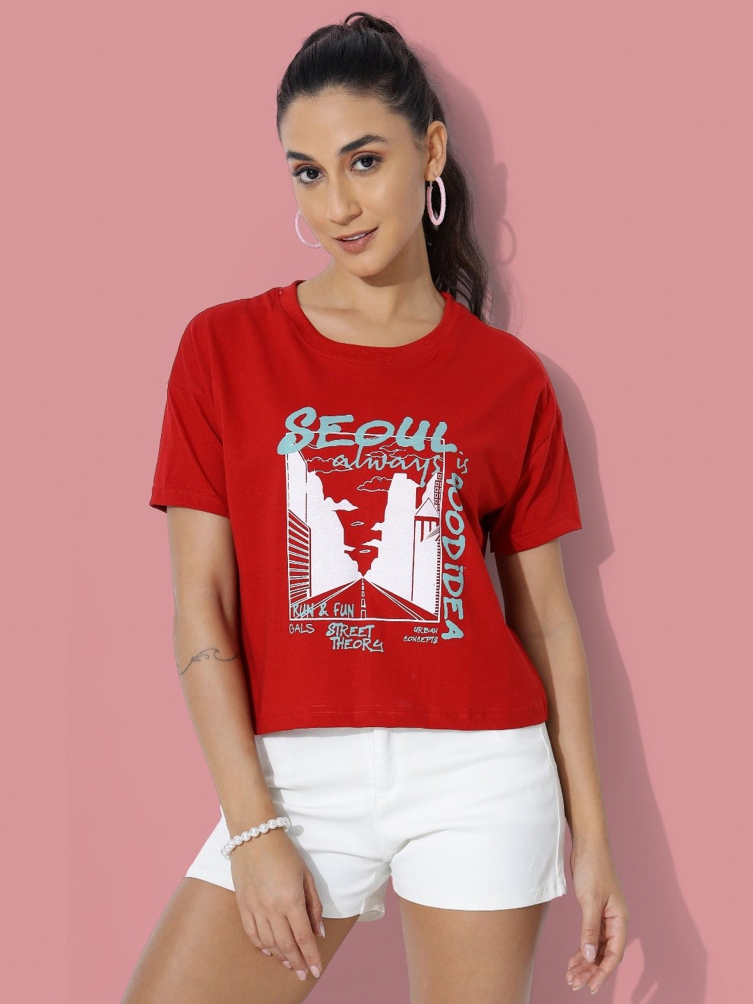 

DressBerry Women Graphic Printed Round Neck Cotton T-Shirt, Red