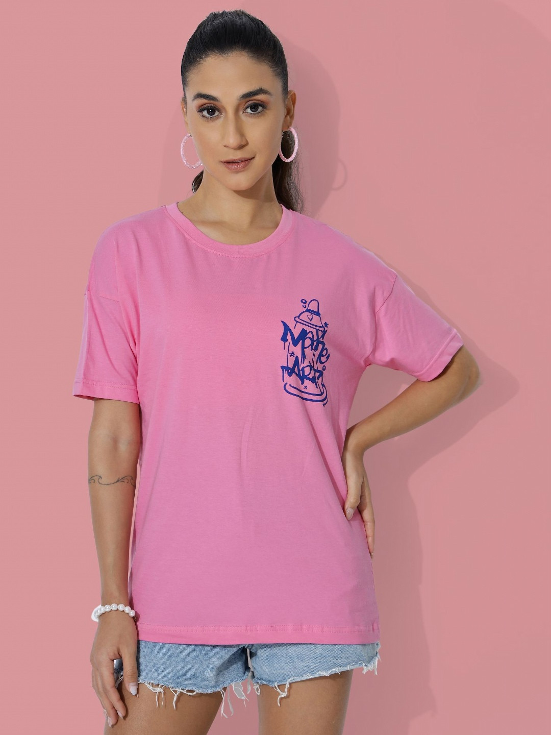 

DressBerry Women Graphic Printed Round Neck Cotton T-Shirt, Pink