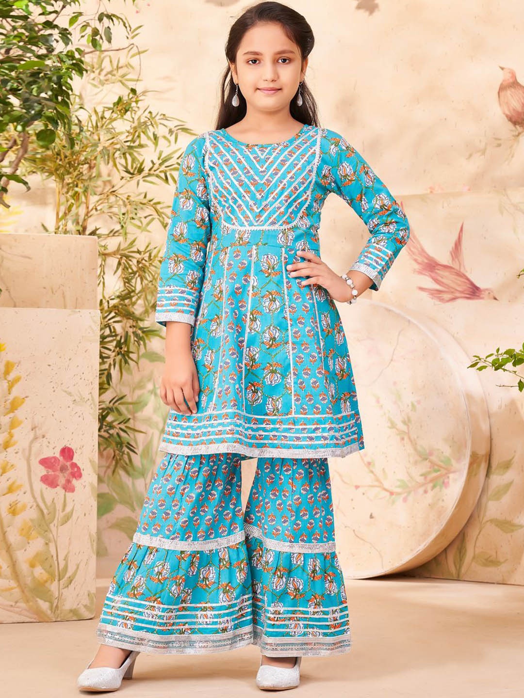 

Aarika Girls Floral Printed Empire Gotta Patti Pure Cotton Kurti with Sharara, Sea green