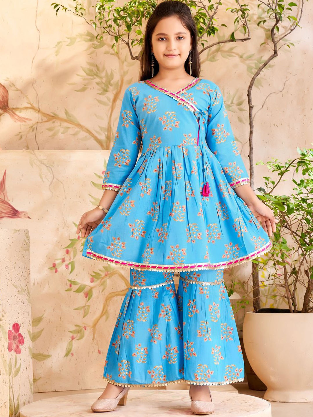 

Aarika Girls Floral Printed Angrakha Gotta Patti Pure Cotton Kurti With Sharara, Turquoise blue