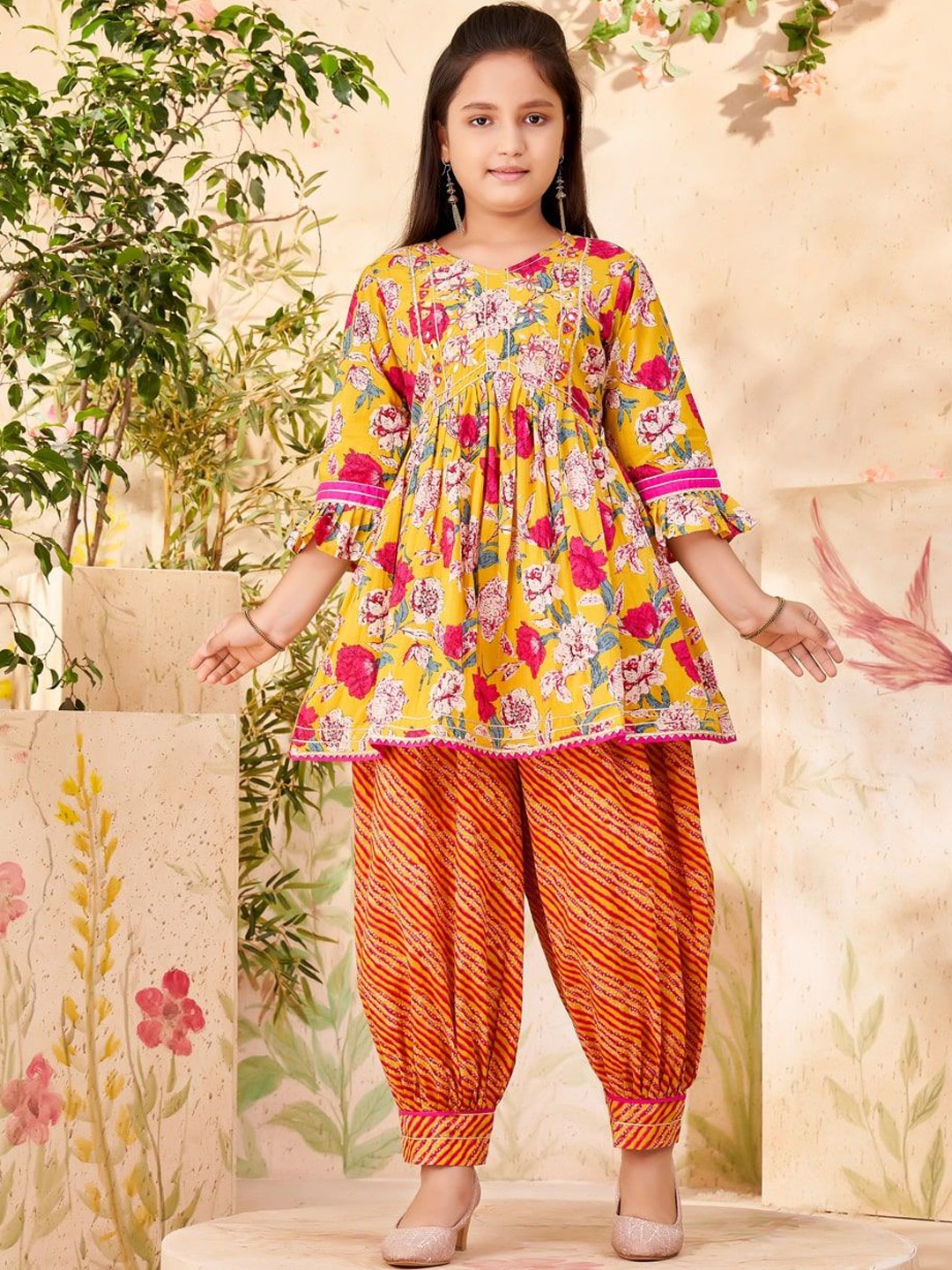 

Aarika Girls Floral Printed Empire Gotta Patti Pure Cotton Kurti With Patiala, Mustard