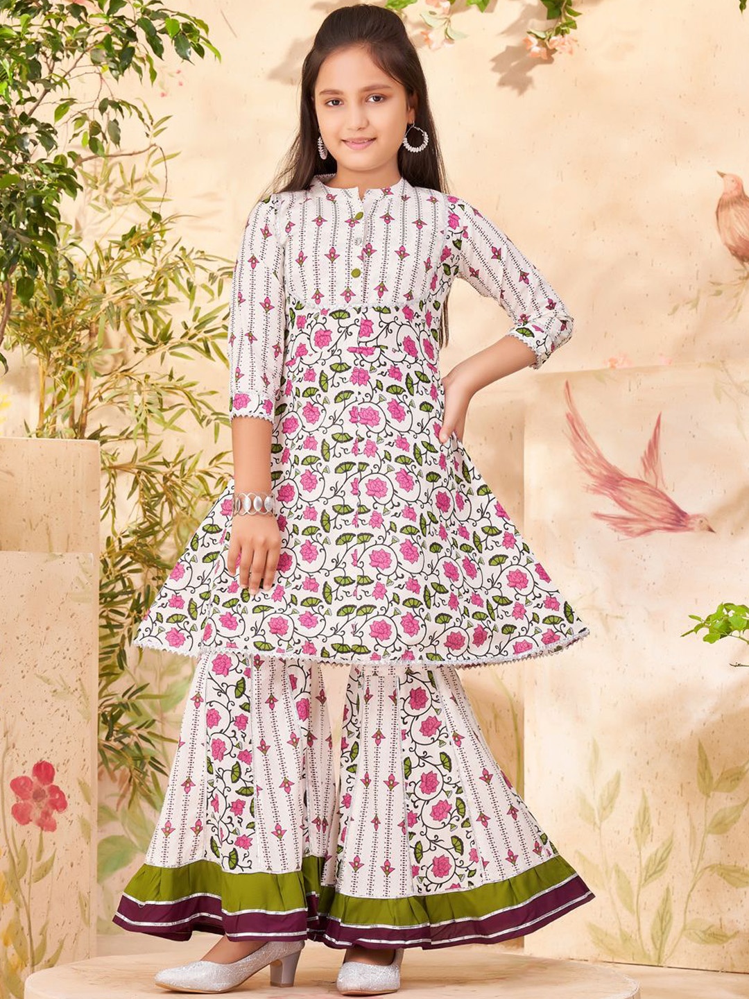 

Aarika Girls Floral Printed A-Line Gotta Patti Pure Cotton Kurta with Sharara, White