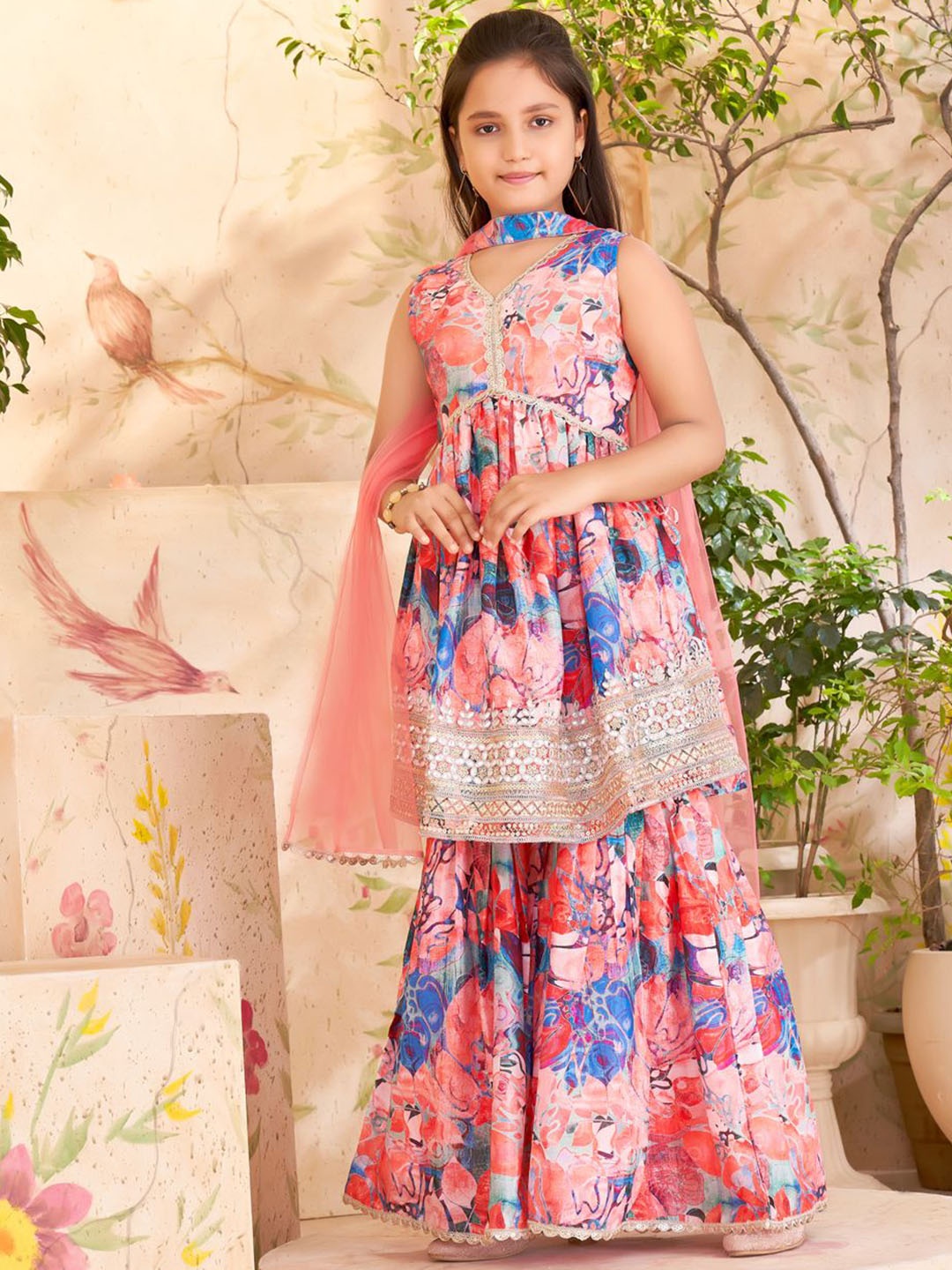 

Aarika Girls Floral Printed A-Line Gotta Patti Pure Silk Kurta with Sharara & With Dupatta, Orange
