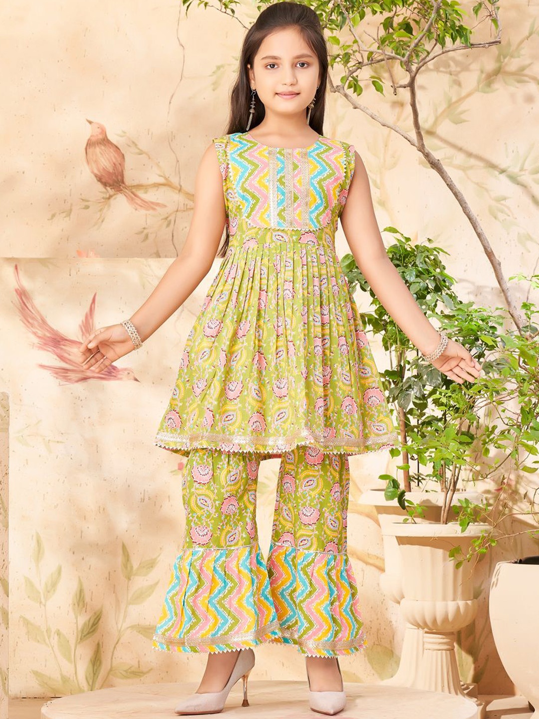 

Aarika Girls Floral Printed A-Line Gotta Patti Pure Cotton Kurta with Sharara, Olive