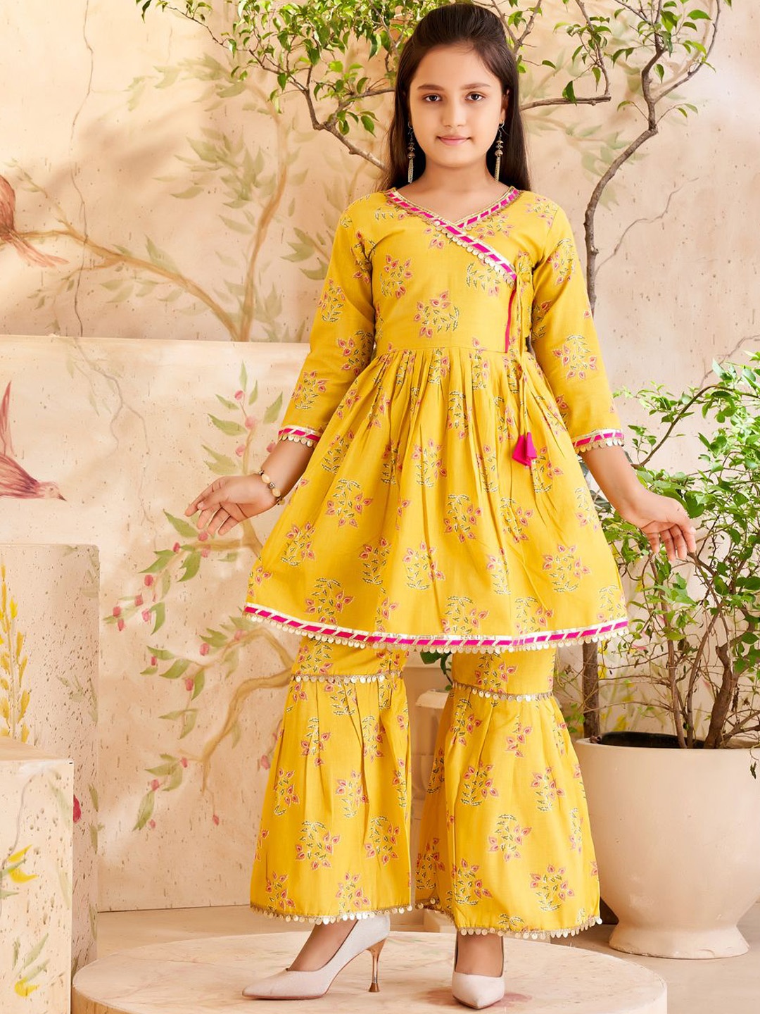 

Aarika Girls Floral Printed Angrakha Gotta Patti Pure Cotton Kurta with Sharara, Yellow