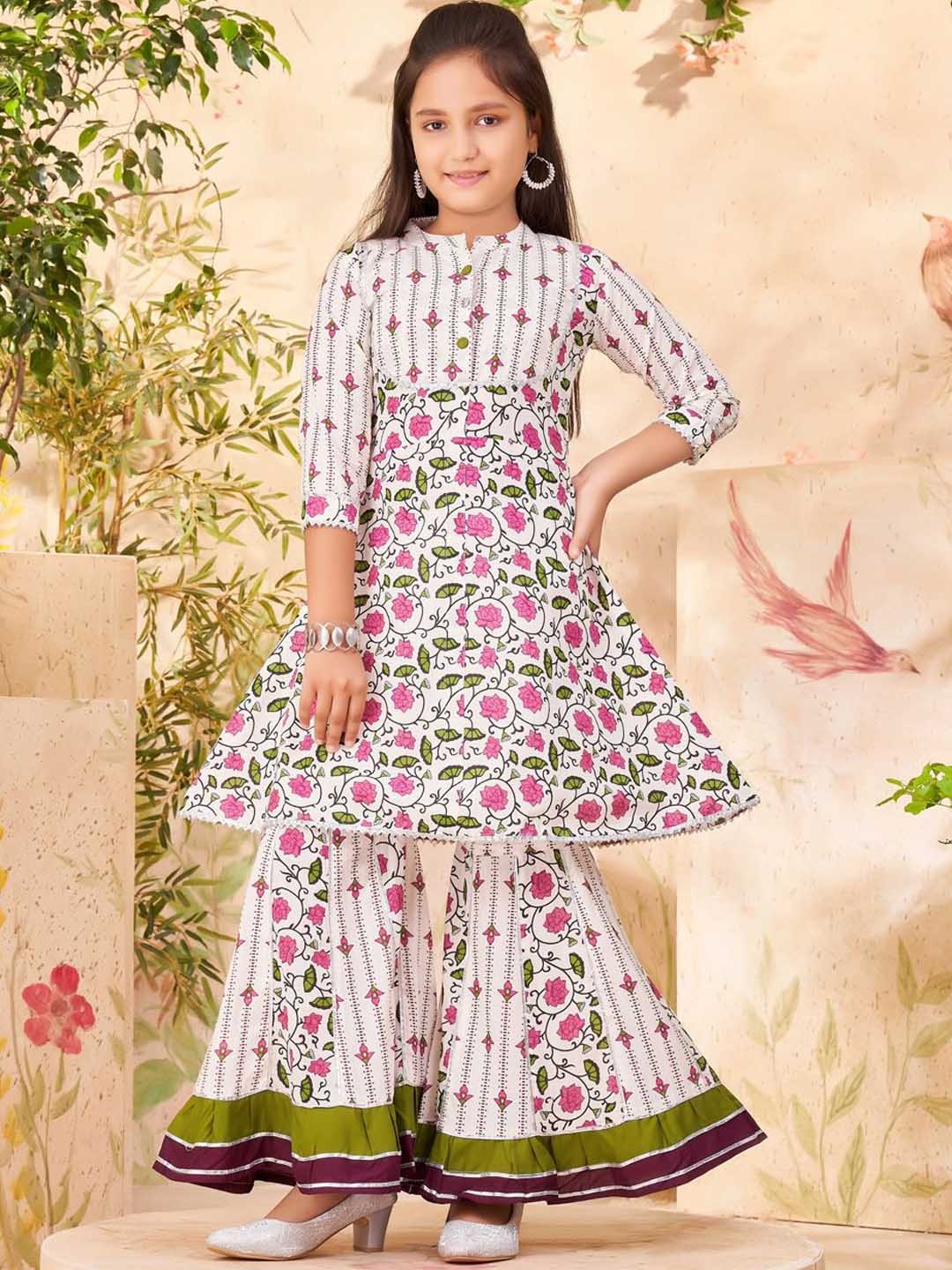 

Aarika Girls Floral Printed Regular Pure Cotton Kurta with Sharara, White