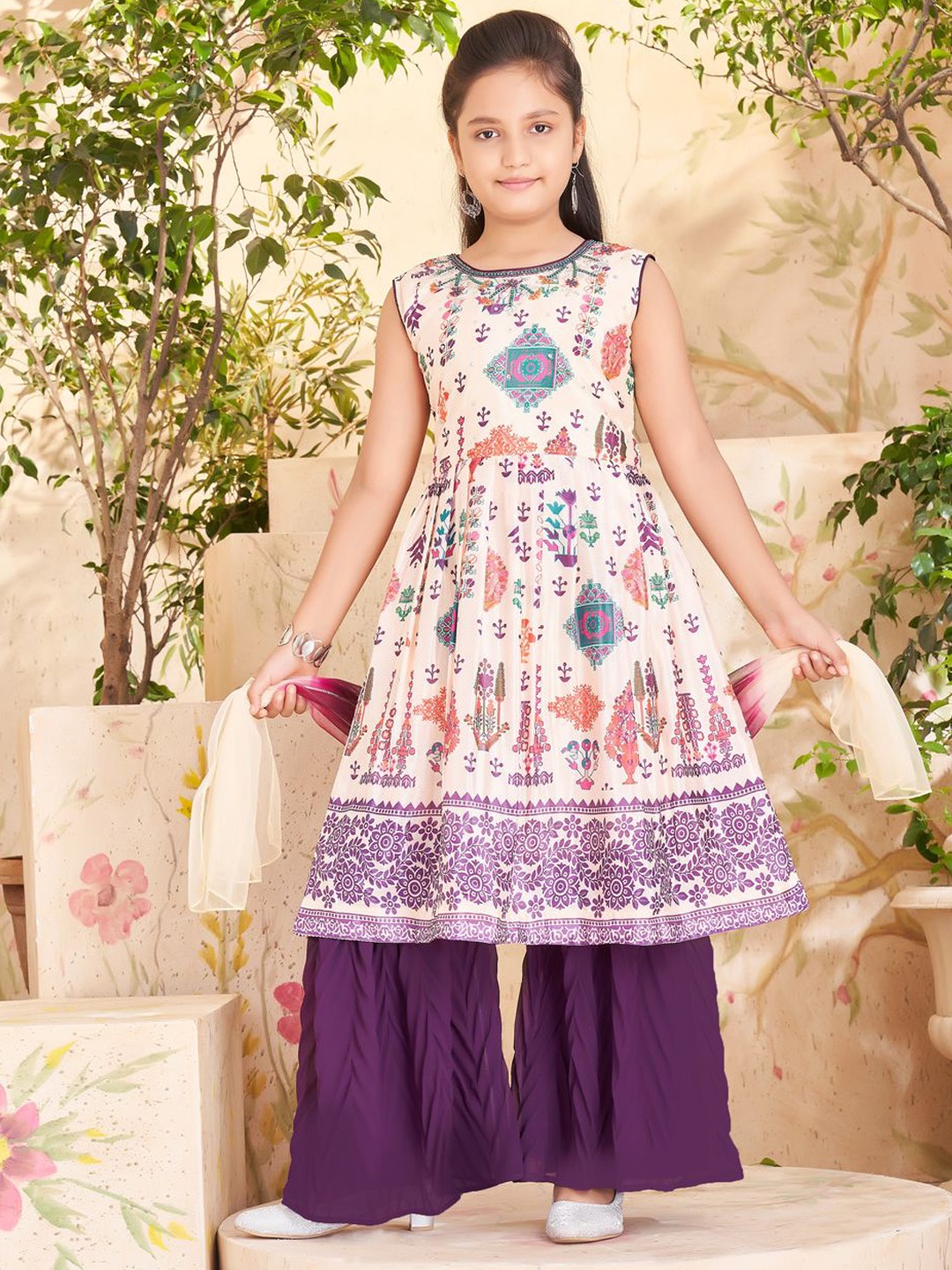 

Aarika Girls Ethnic Printed Regular Beads and Stones Kurta With Sharara & Dupatta, Off white