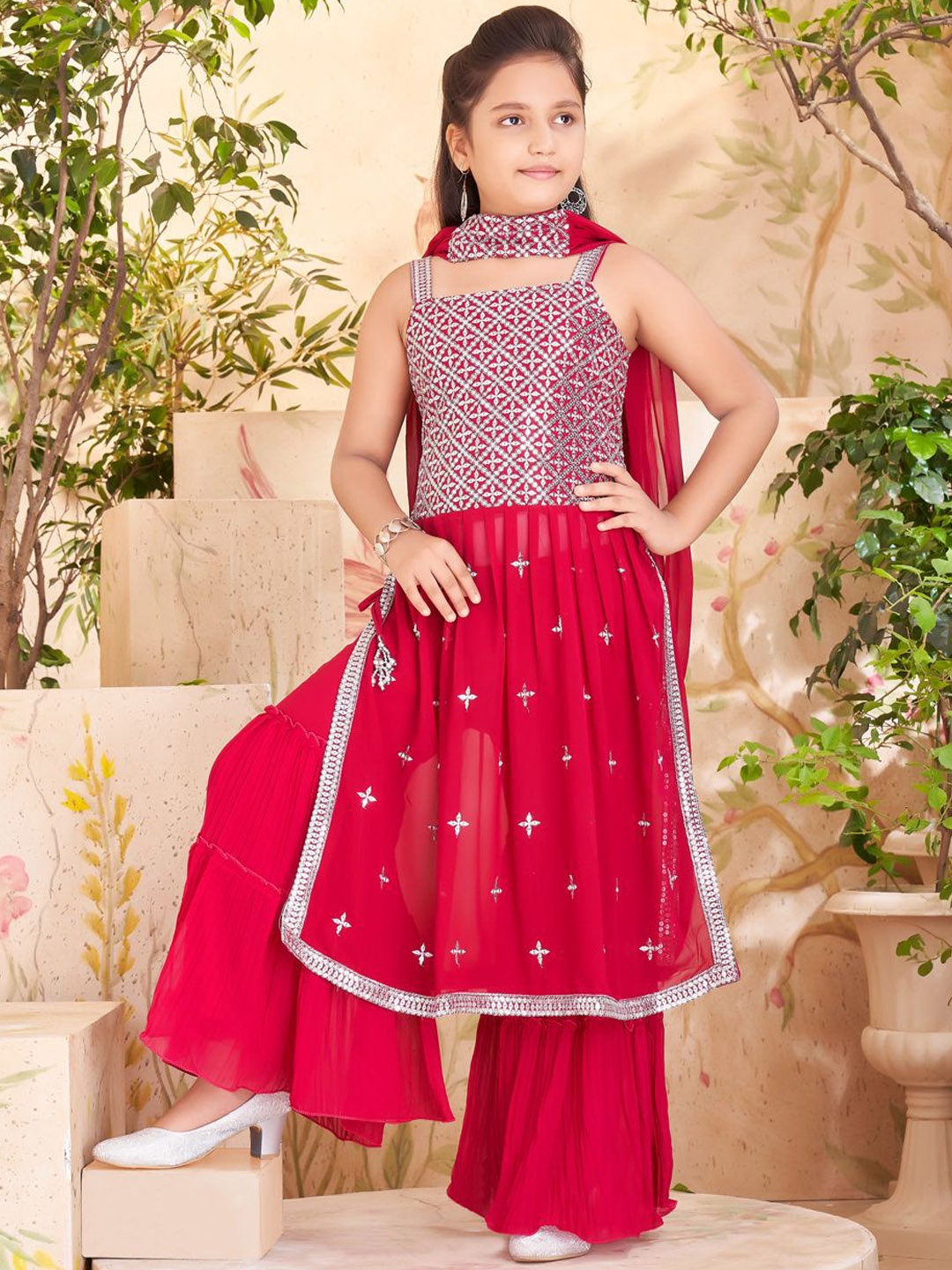 

Aarika Girls Floral Embroidered Regular Gotta Patti Kurta With Sharara & Dupatta, Pink