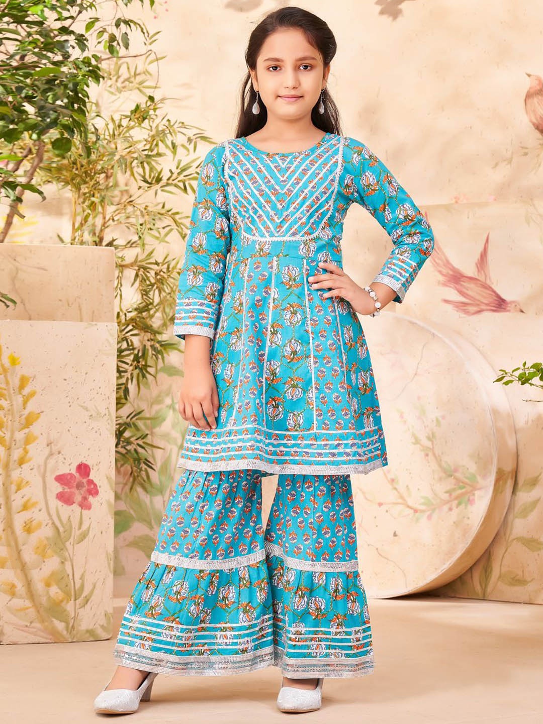 

Aarika Girls Floral Printed Regular Gotta Patti Pure Cotton A-Line Kurta With Sharara, Sea green