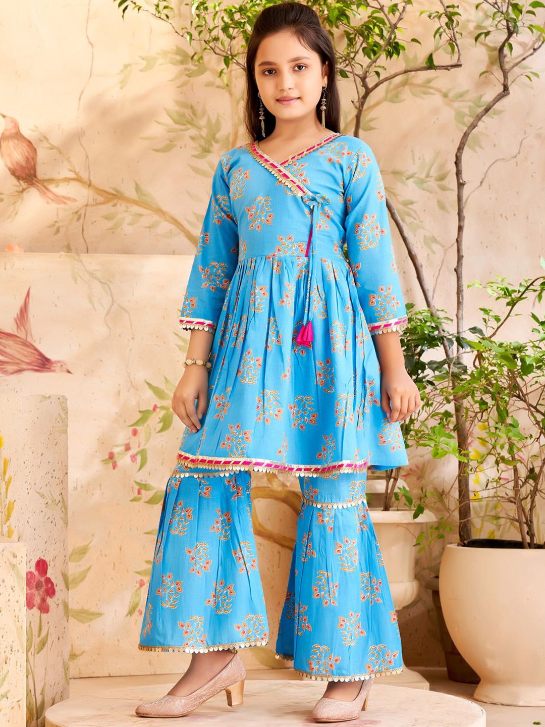 

Aarika Girls Floral Printed Angrakha Sequinned Pure Cotton A-Line Kurti With Sharara, Turquoise blue