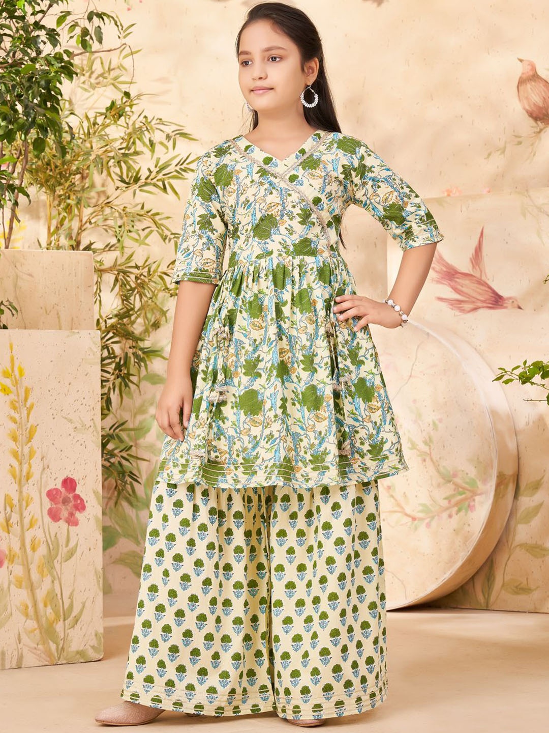 

Aarika Girls Floral Printed Regular Gotta Patti Pure Cotton A-Line Kurti With Sharara, Cream