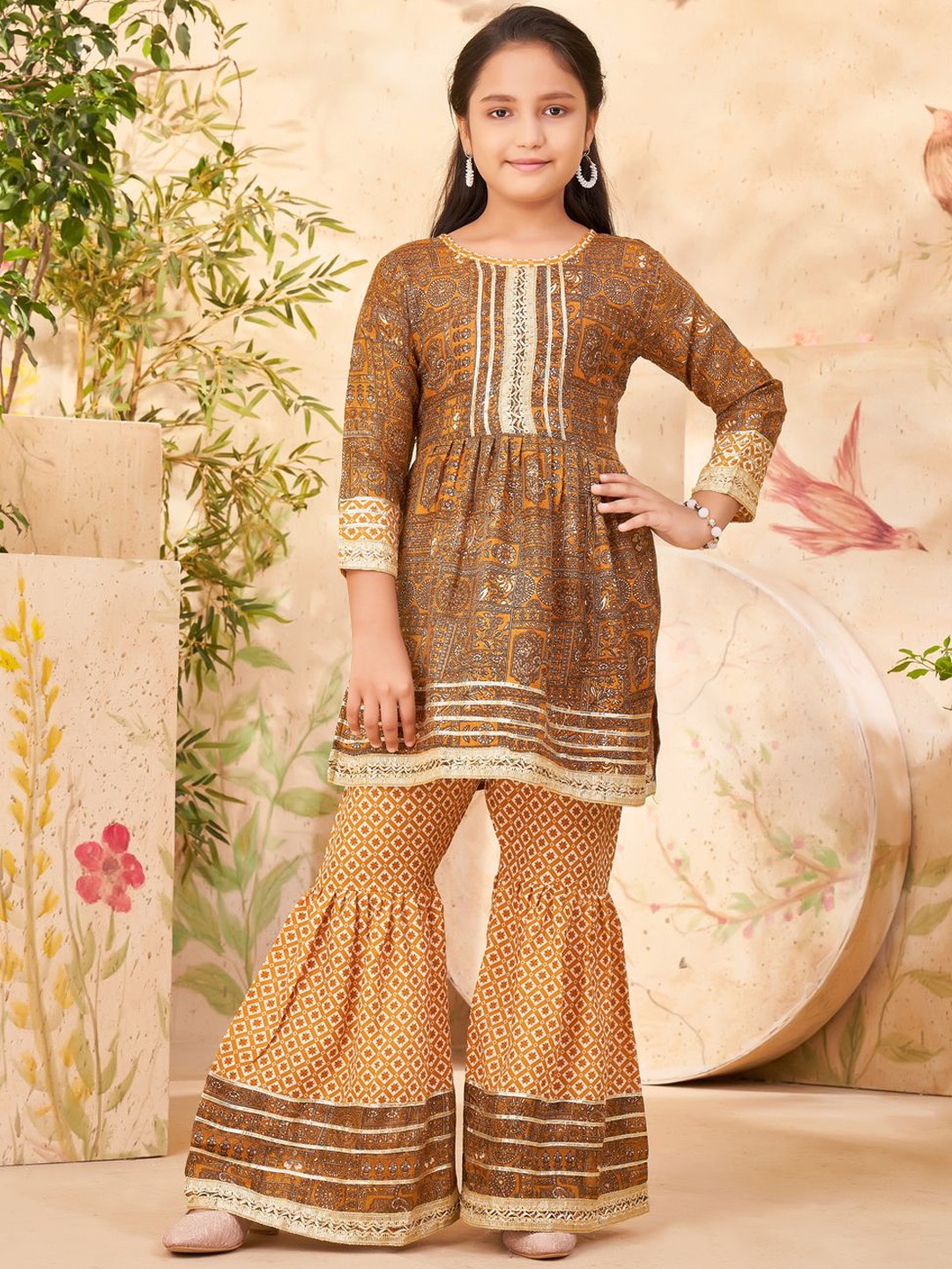 

Aarika Girls Ethnic Motifs Printed Round Neck Regular A-Line Kurti With Sharara, Mustard