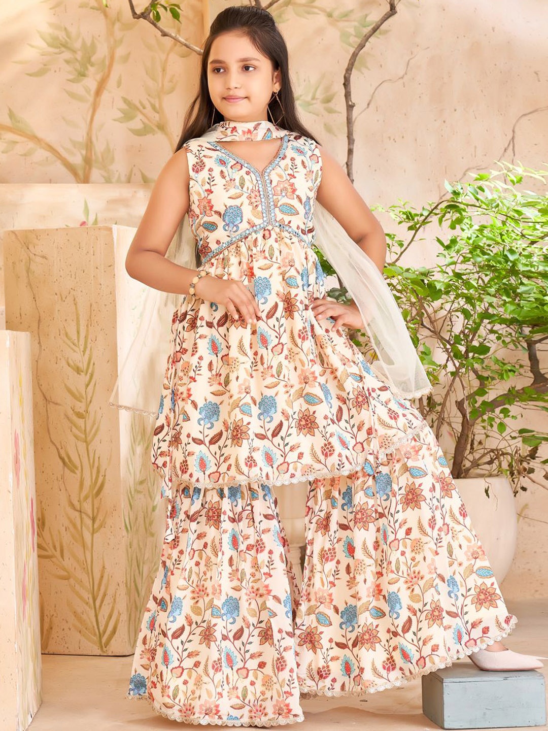 Aarika Girls Printed Empire Mirror Work Pure Silk Anarkali Kurta With Sharara & Dupatta, Beige