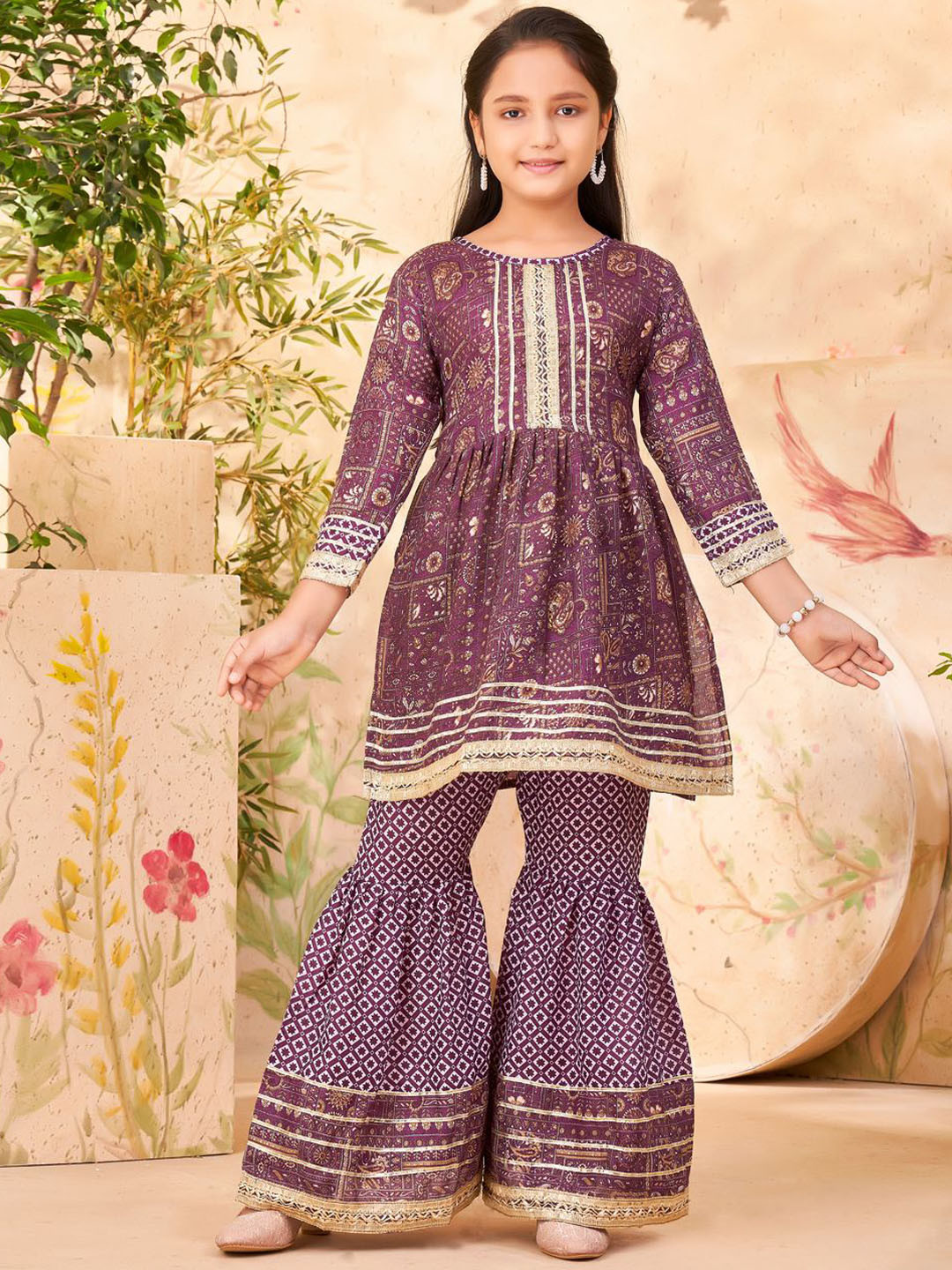 

Aarika Girls Ethnic Motifs Printed Regular Gotta Patti A-Line Kurti With Sharara, Purple