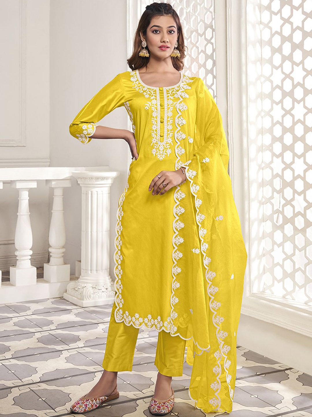 

Inddus Floral Yoke Design Thread Work Kurta with Trousers & Dupatta, Yellow