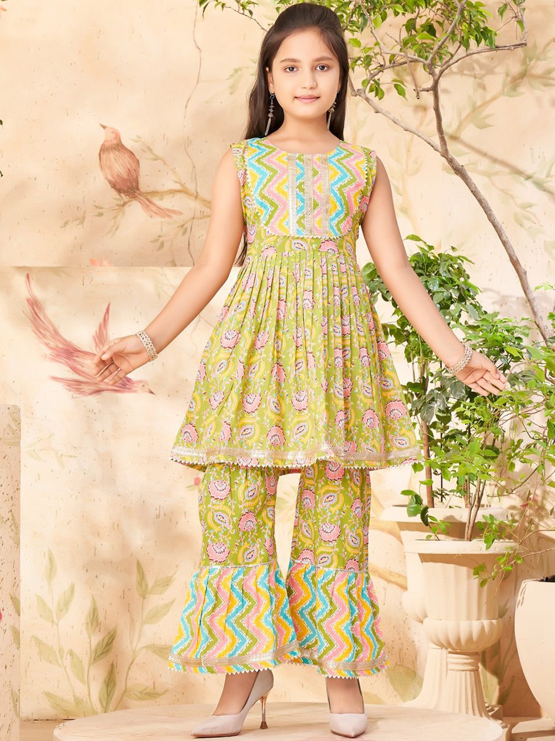 

BAESD Girls Floral Printed Gotta Patti Pure Cotton Anarkali Kurta With Sharara, Olive