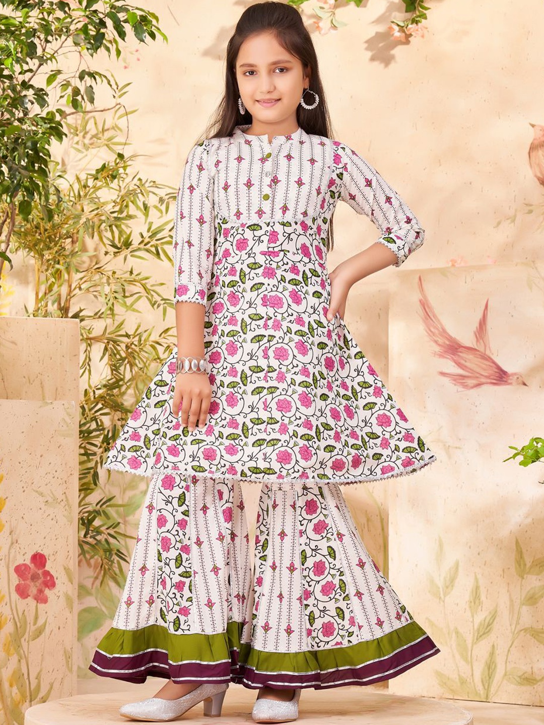 

BAESD Girls Floral Printed Mandarin Collar Empire Pure Cotton A-Line Kurta With Sharara, White