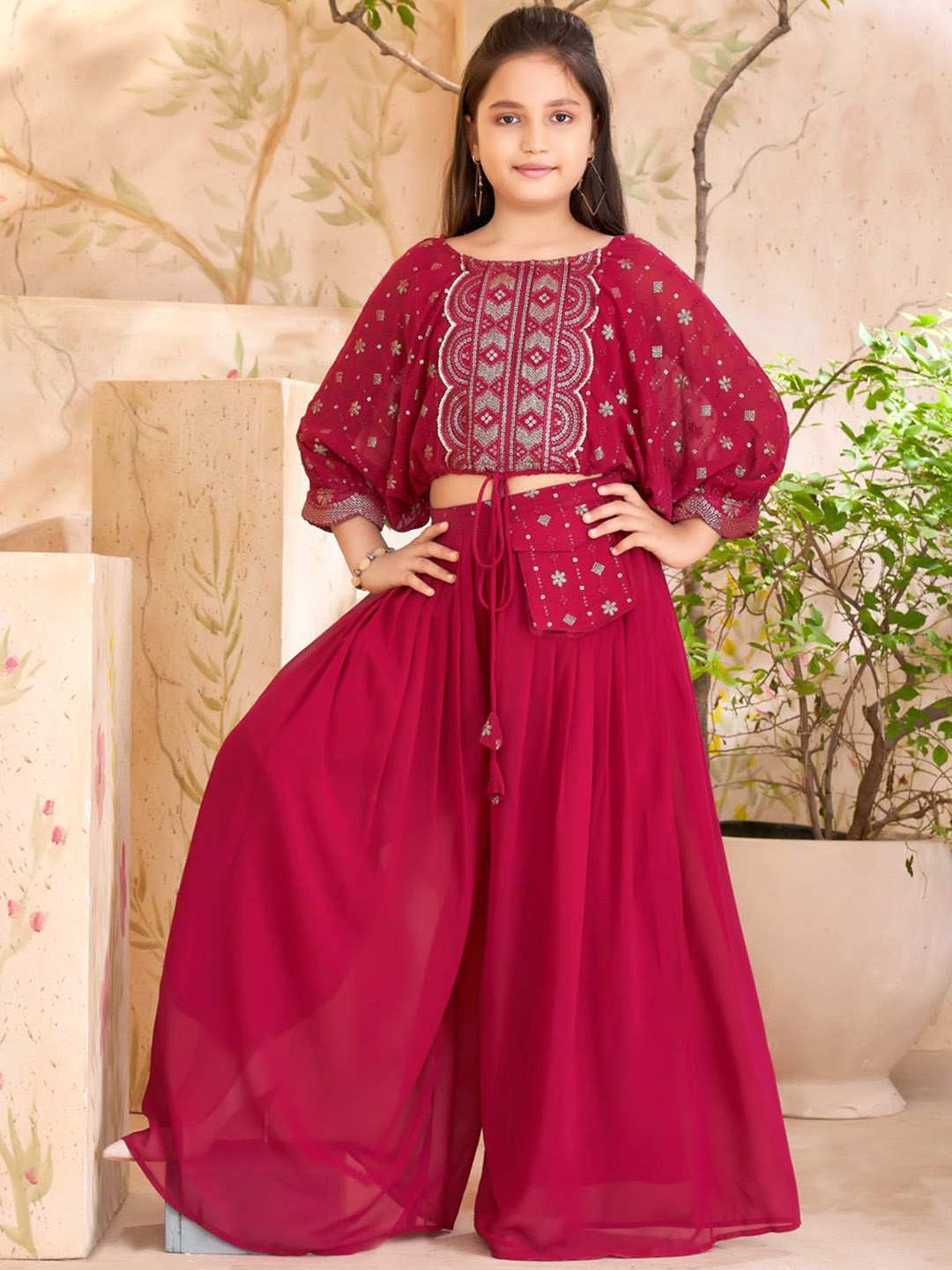 

BAESD Girls Embroidered Georgette Top With Skirt, Maroon