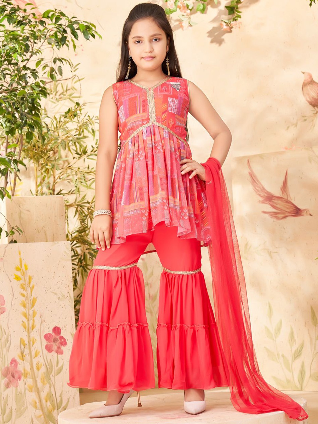 

BAESD Girls Floral Printed Gotta Patti A-Line Georgette Kurti With Sharara & Dupatta, Pink