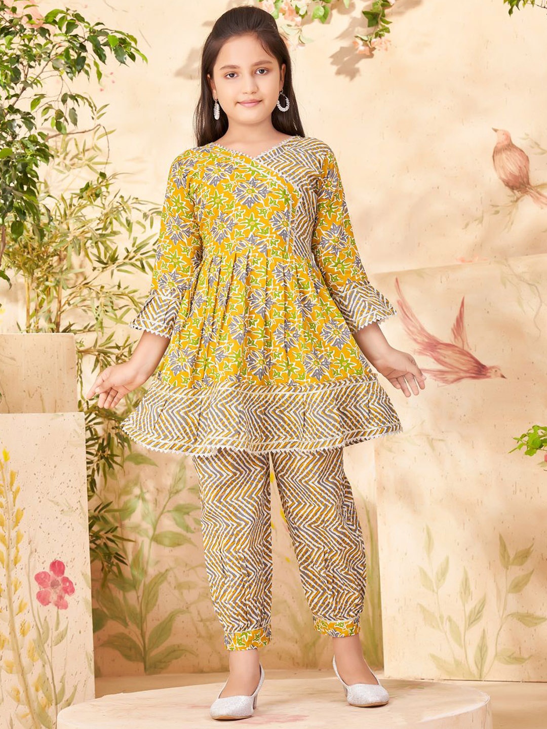 

BAESD Girls Floral Printed Pleated Pure Cotton A-Line Kurti With Salwar, Yellow