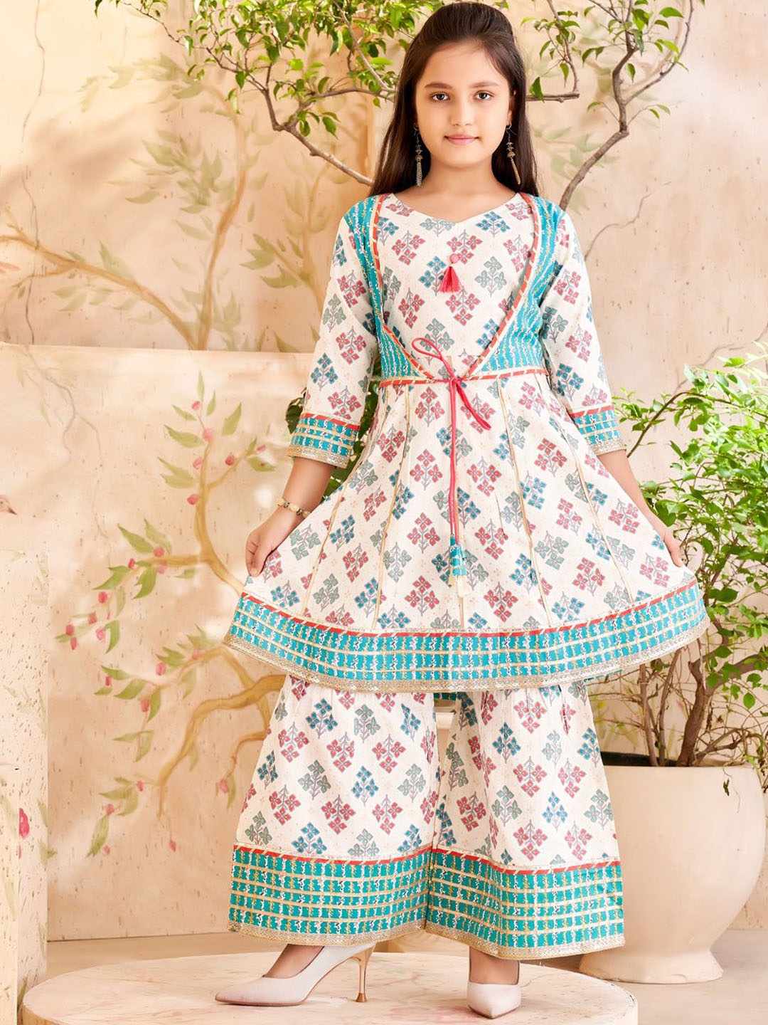 

BAESD Girls Floral Printed Pure Cotton A-Line Kurta With Sharara, Sea green