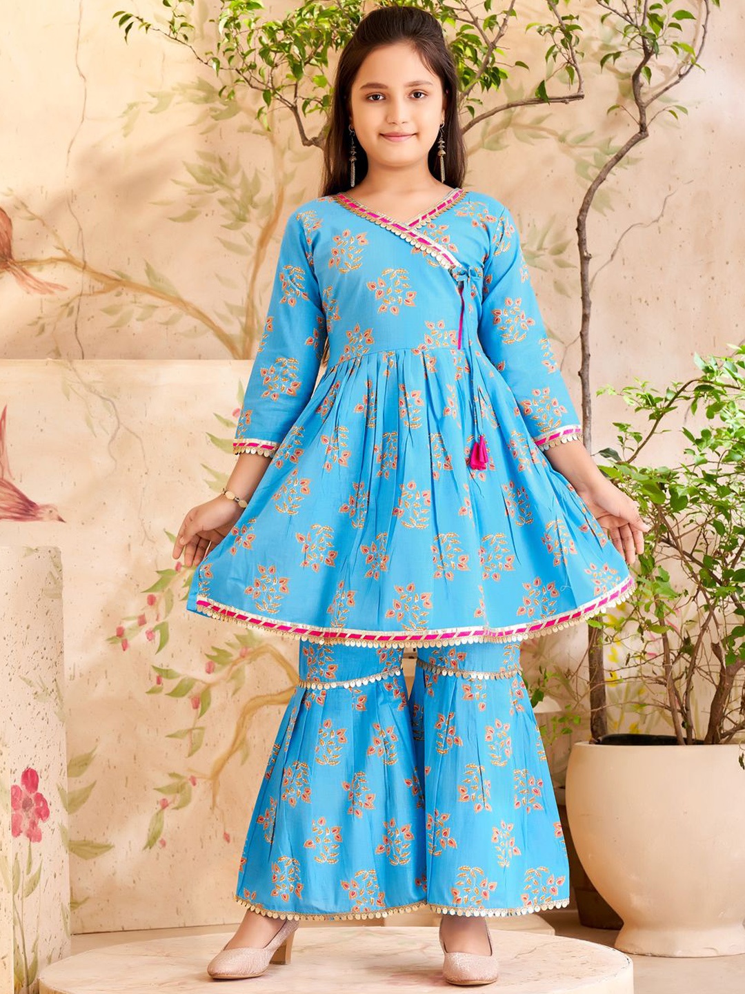 

BAESD Girls Floral Printed Pleated Gotta Patti Pure Cotton A-Line Kurti With Sharara, Turquoise blue