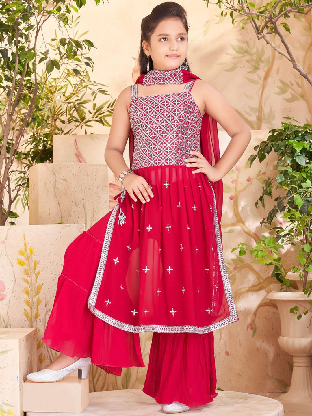 

BAESD Girls Ethnic Motifs Embroidered Georgette Straight Kurta & Sharara & Dupatta, Pink