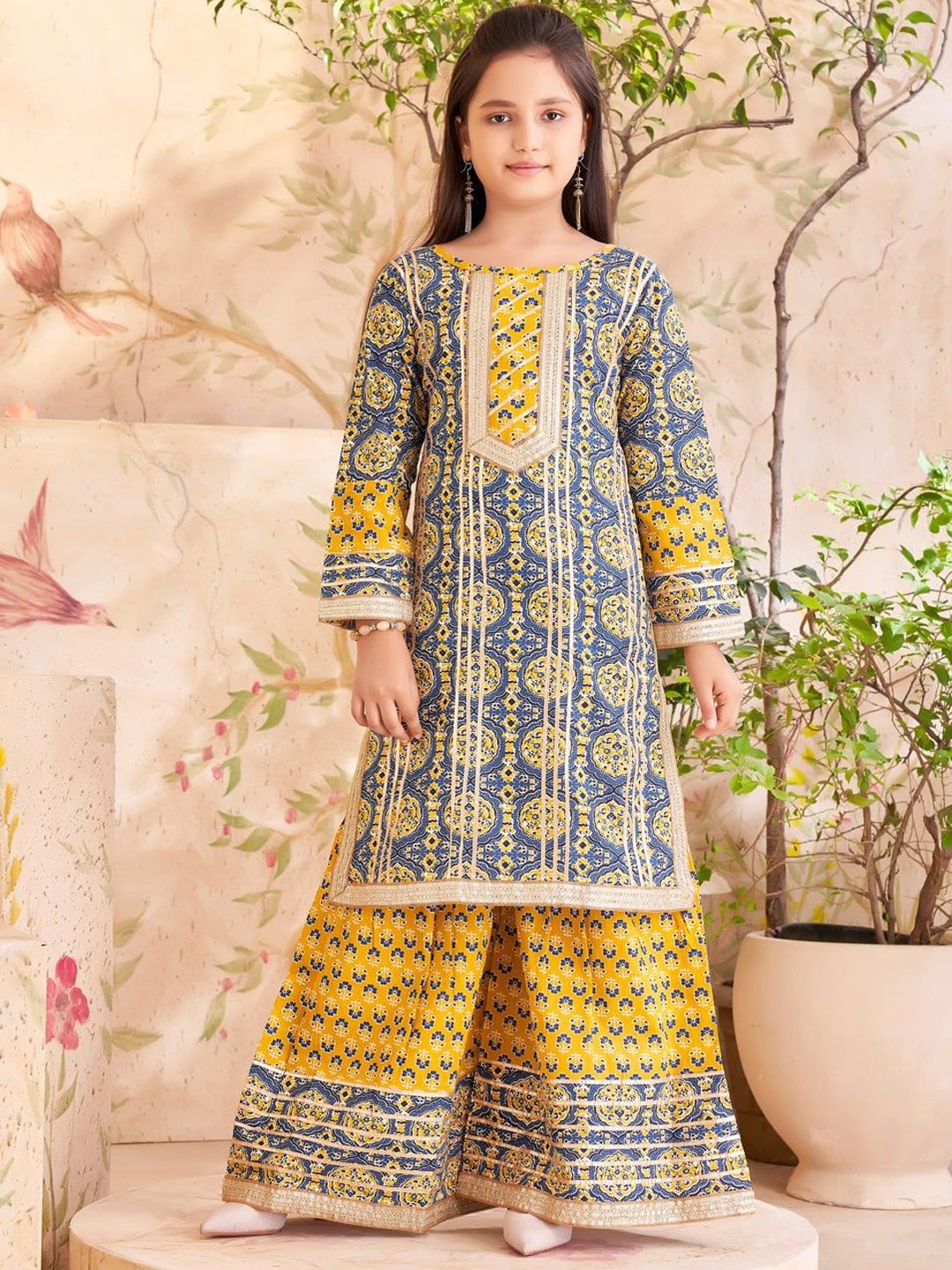 

BAESD Girls Ethnic Motifs Printed Pure Cotton Straight Kurta With Sharara, Blue