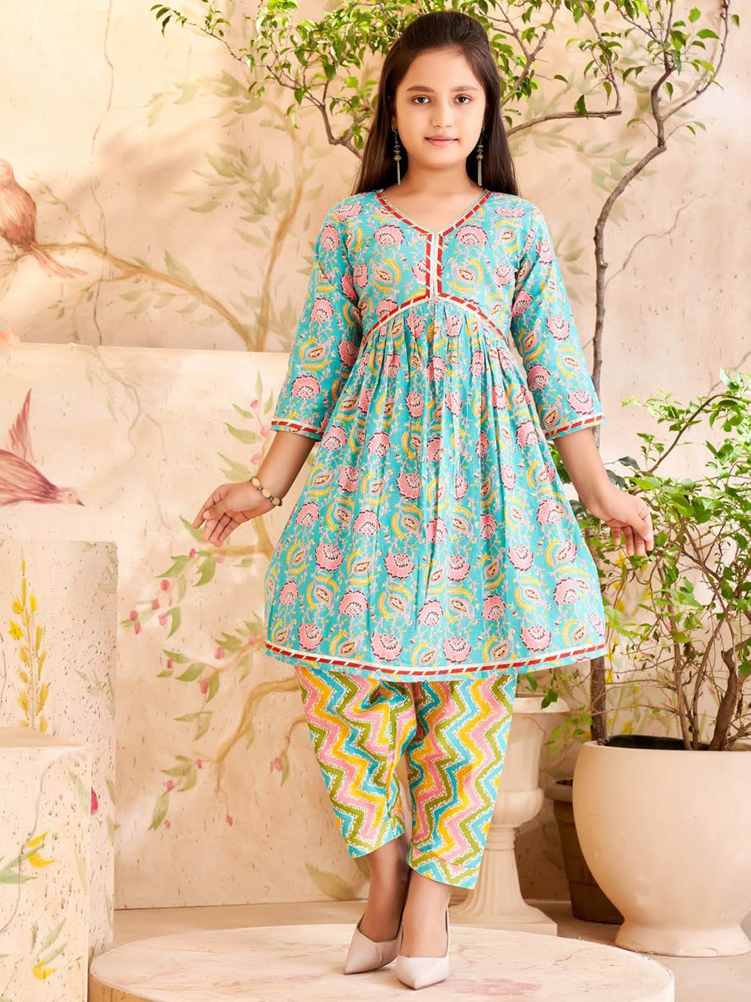 

BAESD Girls Floral Printed Pleated Gotta Patti Pure Cotton A-Line Kurta With Trouser, Sea green