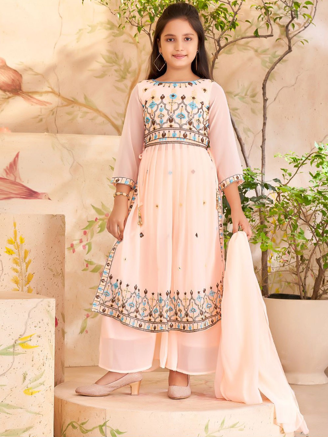 

BAESD Girls Ethnic Motifs Embroidered Pleated Sequinned Georgette Kurta Sharara & Dupatta, Peach