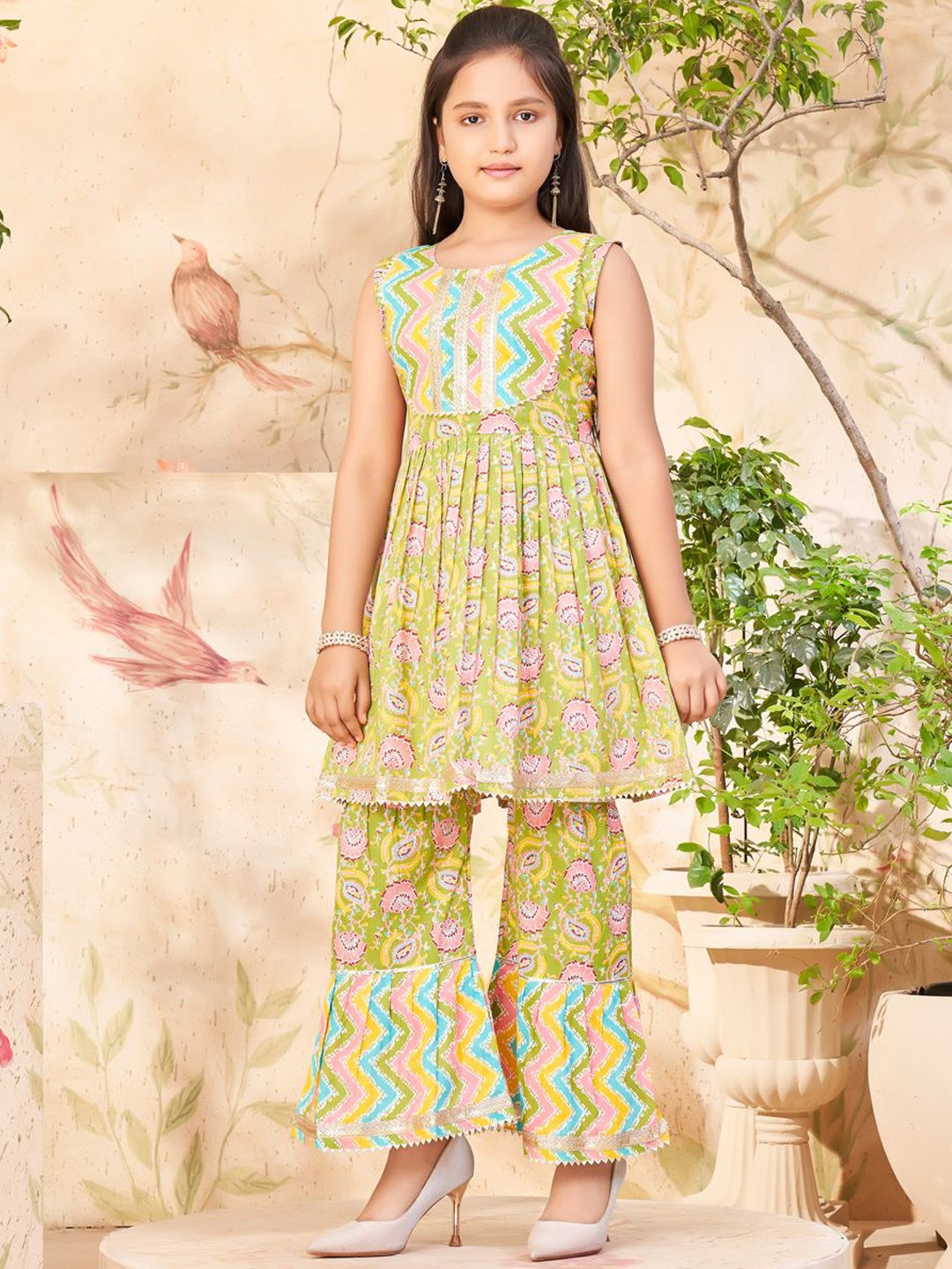 

BAESD Girls Floral Printed Pleated Gotta Patti Pure Cotton Anarkali Kurti With Sharara, Olive