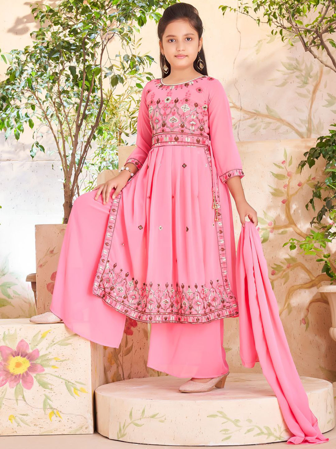 

BAESD Girls Ethnic Motifs Embroidered Georgette Pleated Kurta with Sharara & Dupatta, Pink