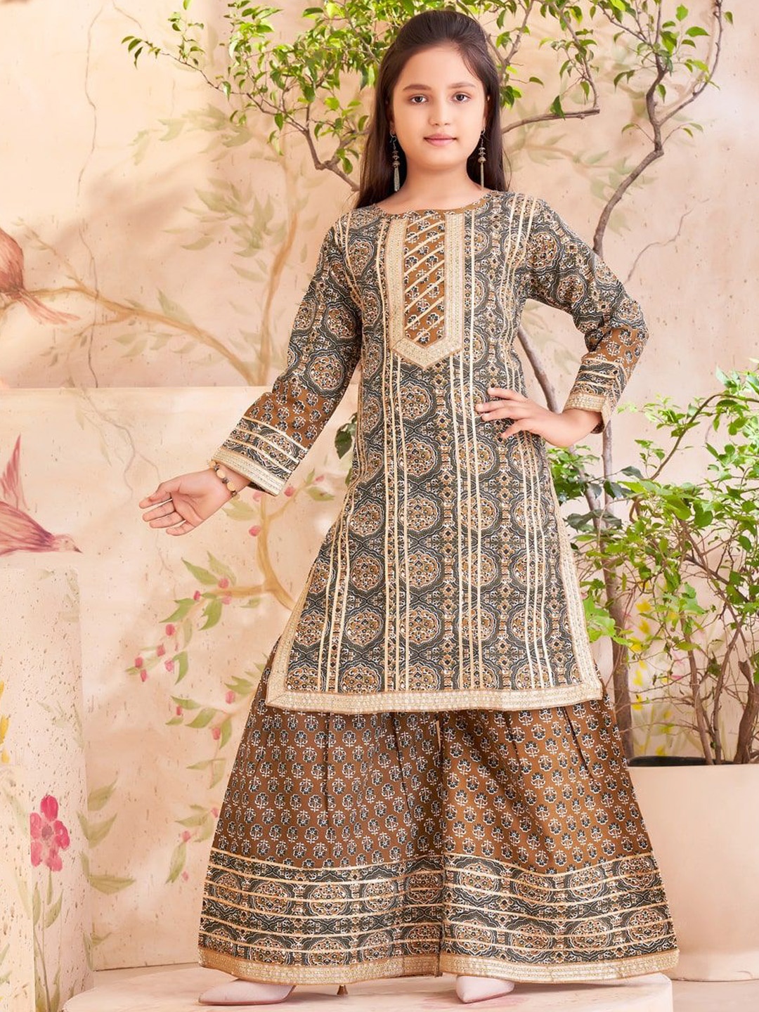 

BAESD Girls Ethnic Motifs Printed Gotta Patti Pure Cotton Straight Kurta With Sharara, Brown