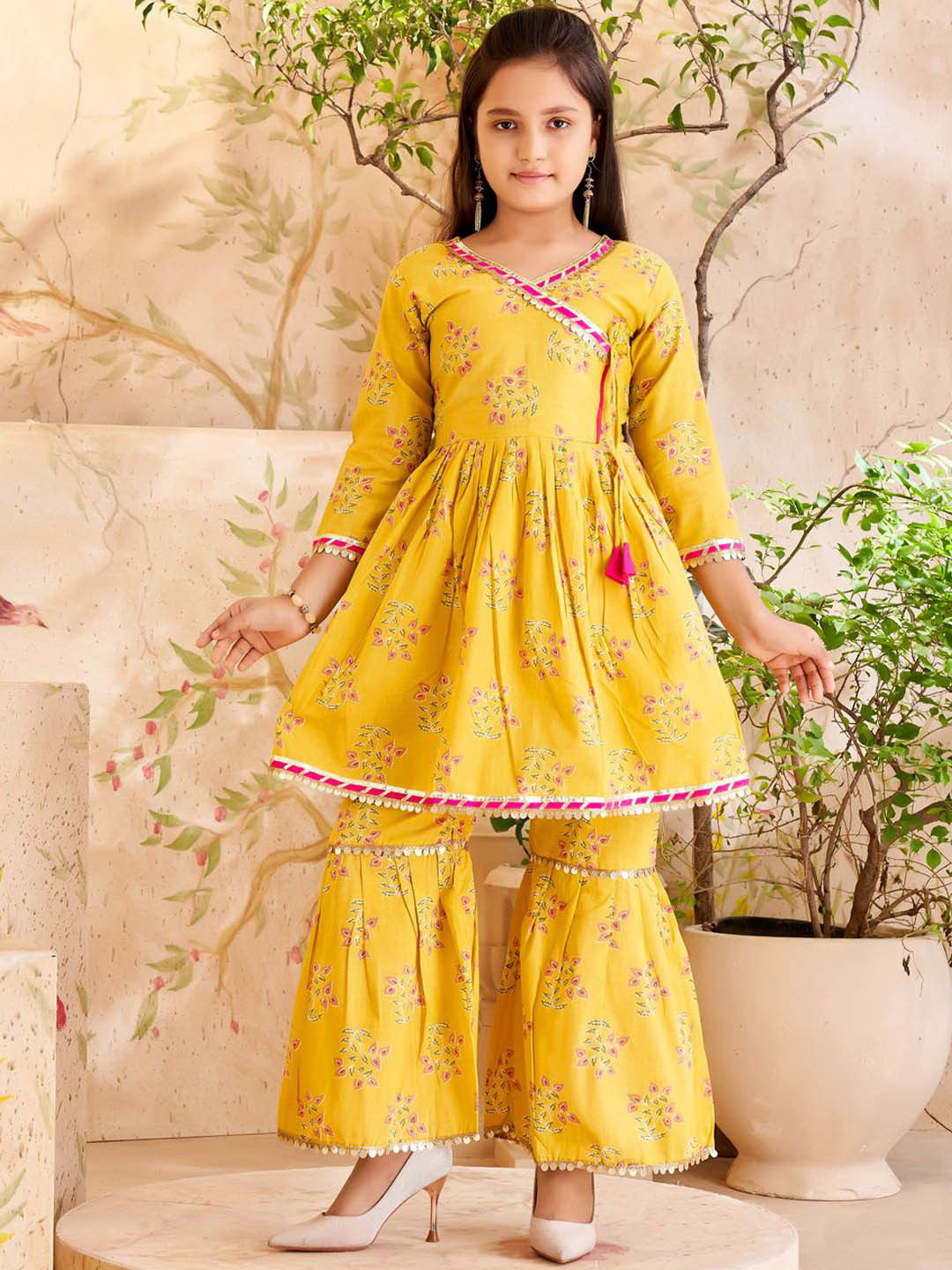 

BAESD Girls Floral Printed Gotta Patti Pure Cotton A-Line Kurti with Sharara, Yellow