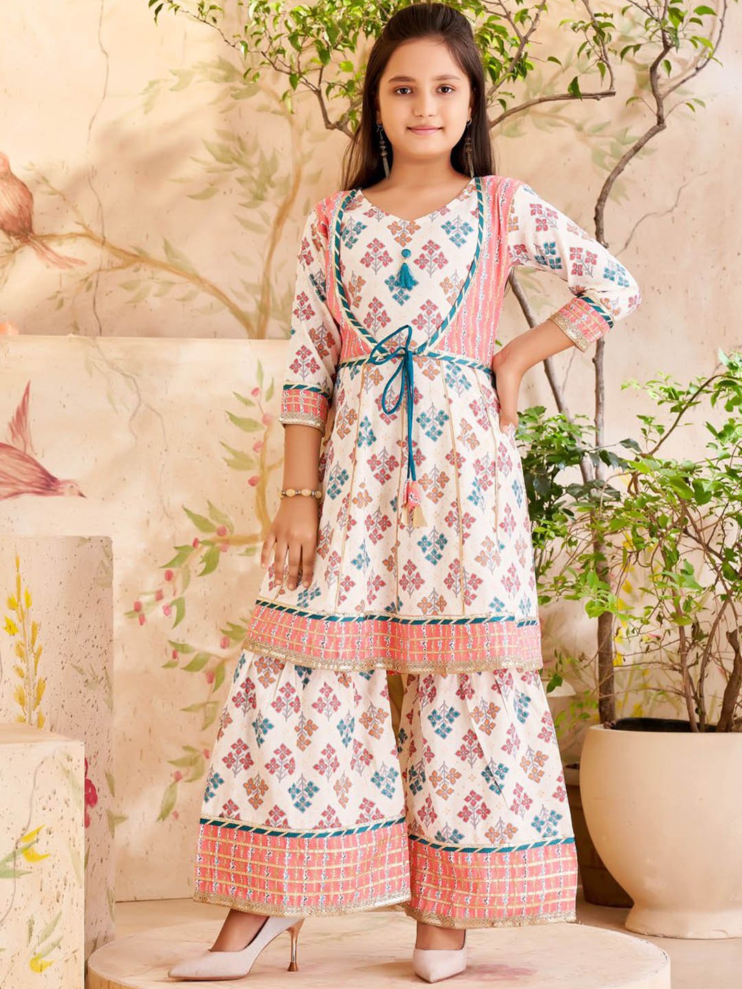 

BAESD Girls Floral Printed Pure Cotton A-Line Kurta With Sharara, Peach