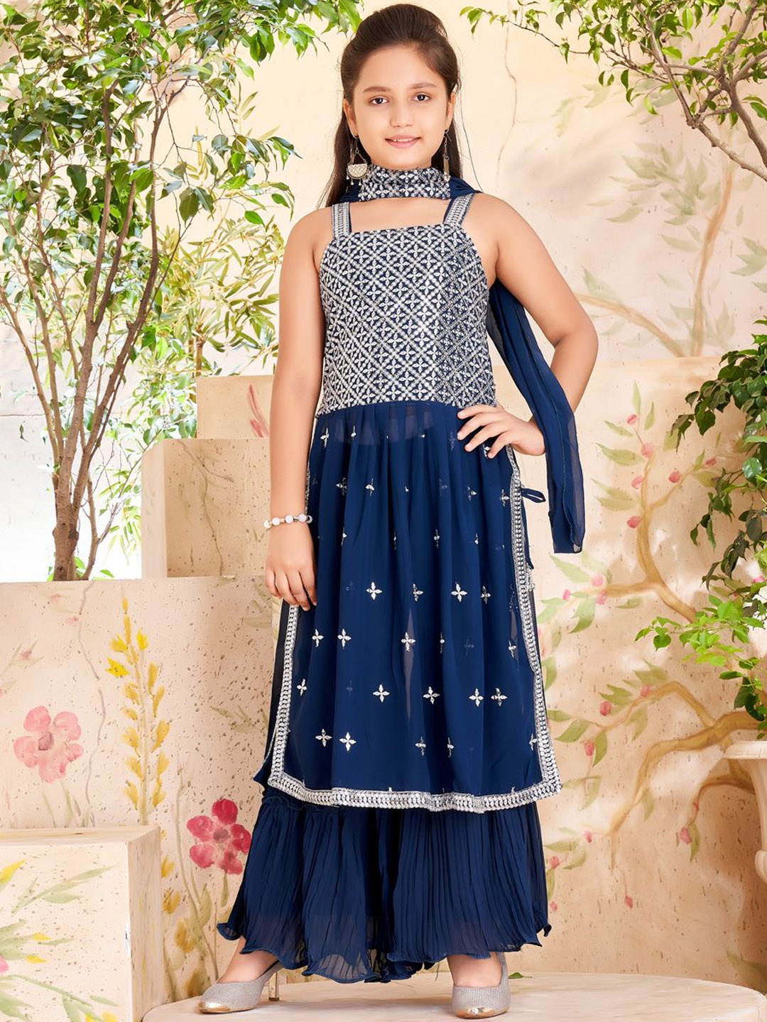 

BAESD Girls Floral Embroidered High Slit Sequinned Kurta With Sharara & Dupatta, Navy blue