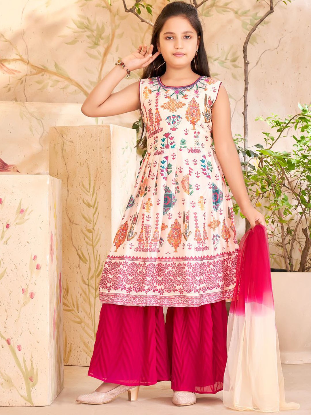 

BAESD Girls Ethnic Motifs Printed Pure Silk A-Line Kurta With Sharara & Dupatta, Off white