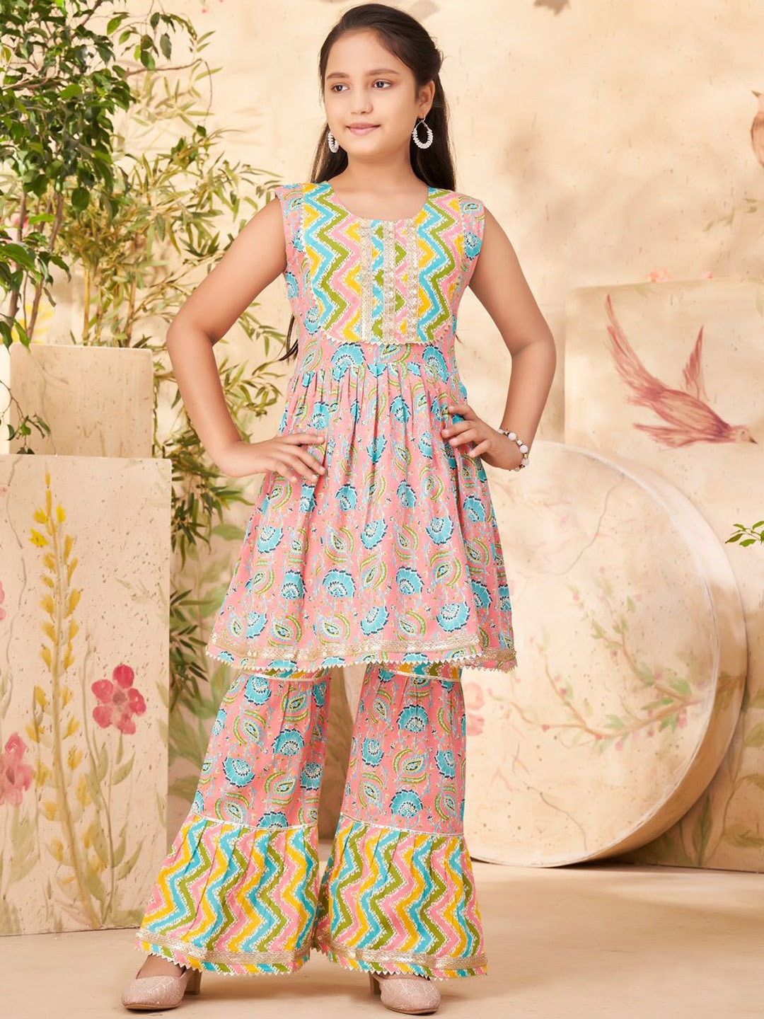 

BAESD Girls Floral Printed Pleated Gotta Patti Pure Cotton A-Line Kurta With Sharara, Peach